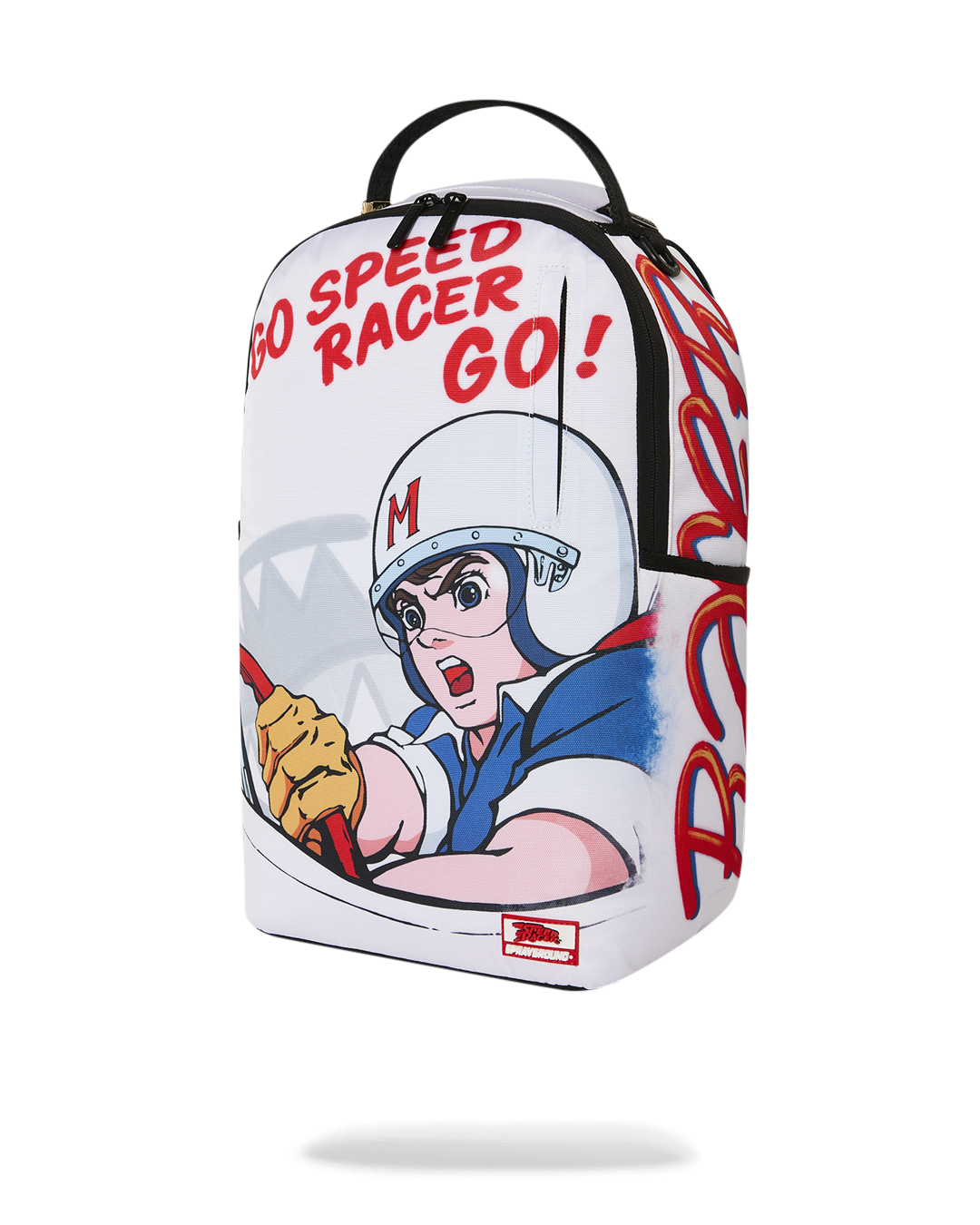 White mini backpack with cartoon Speed Racer character and red “GO!” lettering
