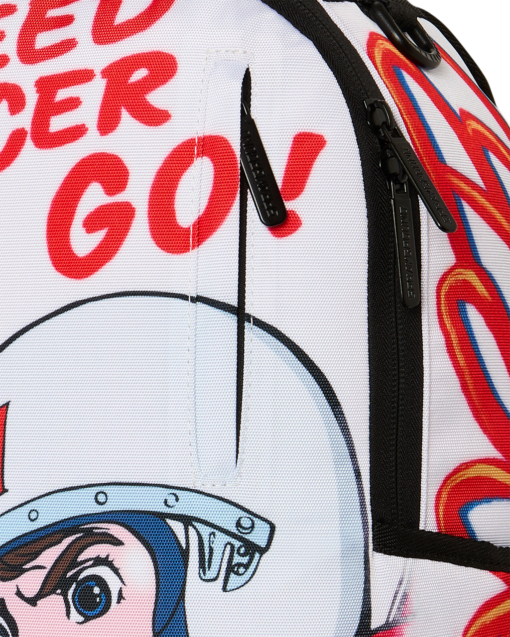Close-up of Speed Racer mini backpack zipper and side graphic on white fabric