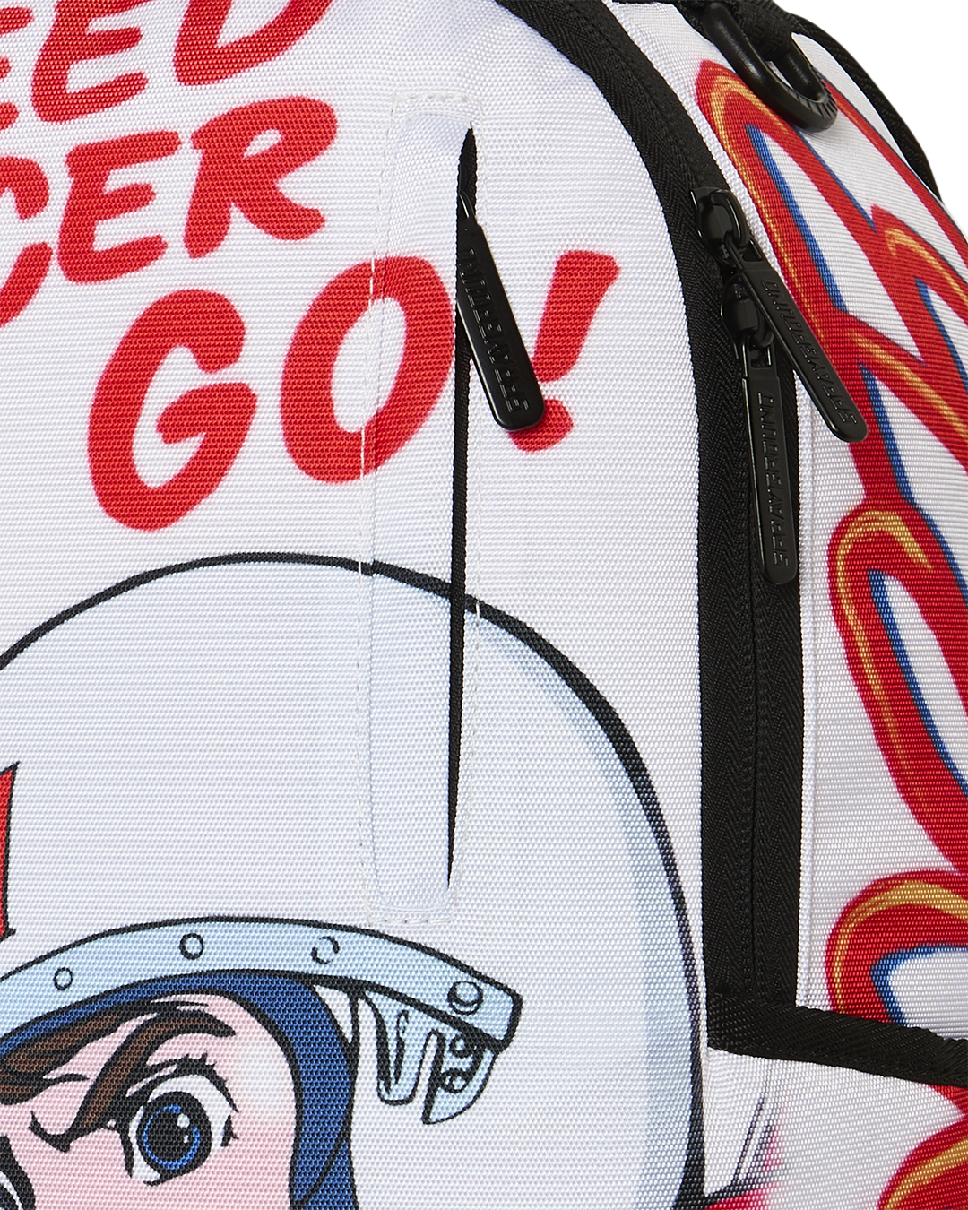 Close-up of Speed Racer mini backpack zipper and side graphic on white fabric