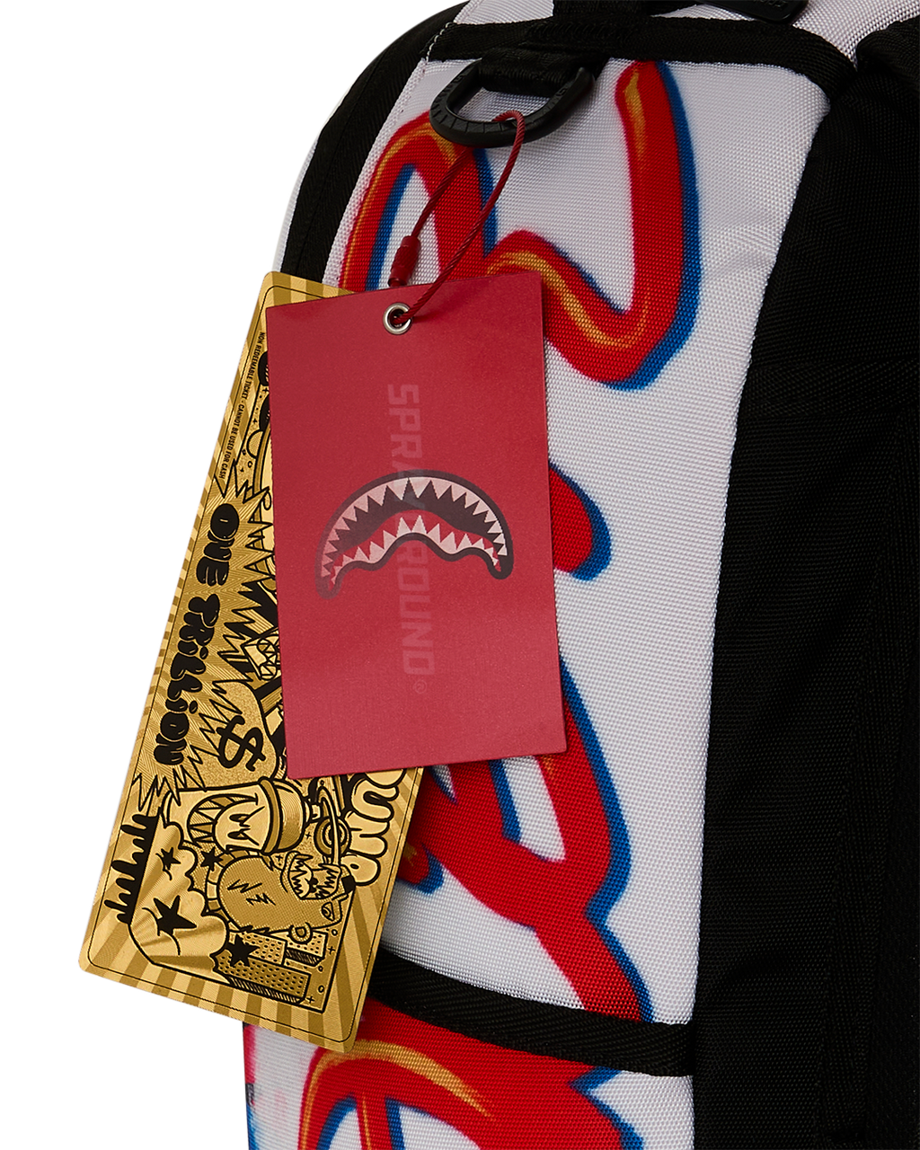 Mini backpack with hanging brand tags over black-and-white Speed Racer graphic