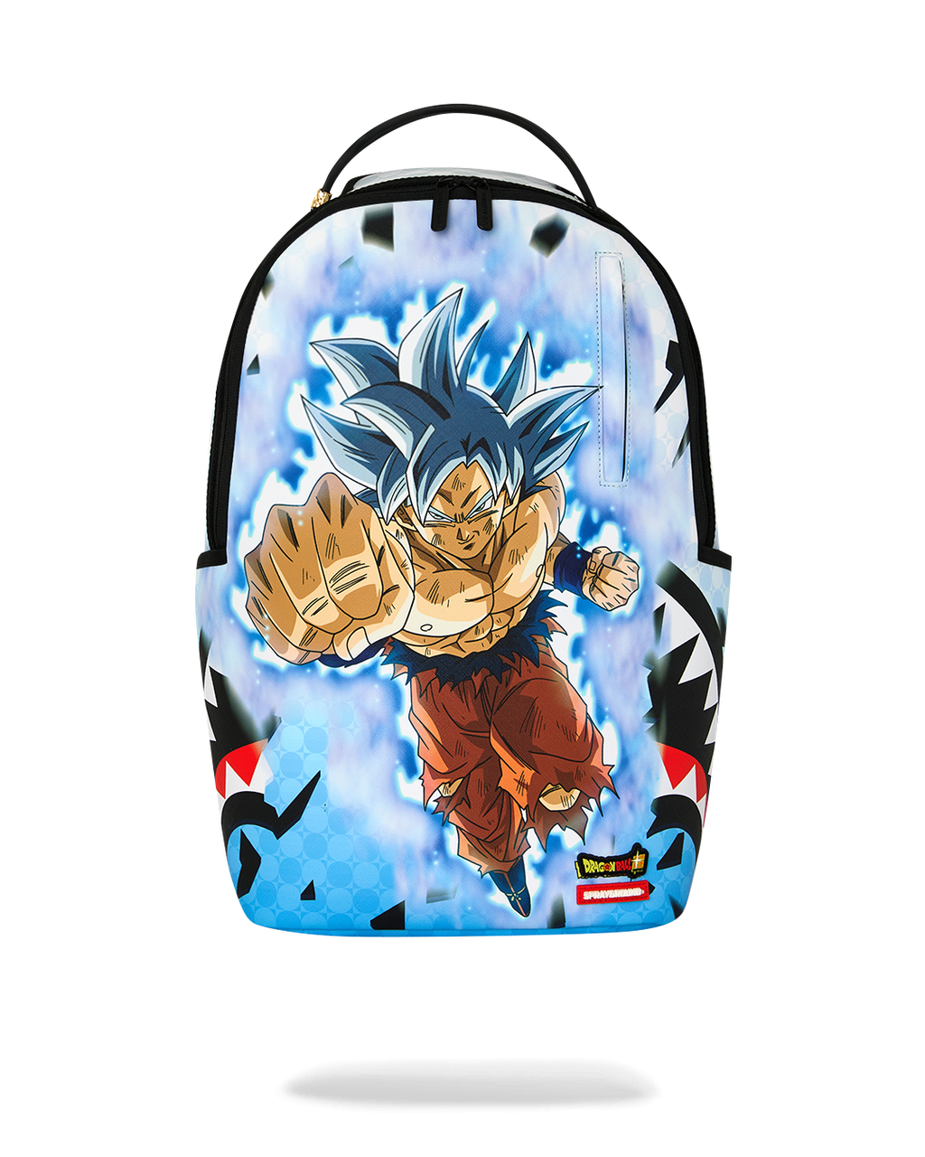 Blue and black character graphic backpack with top handle and zip front