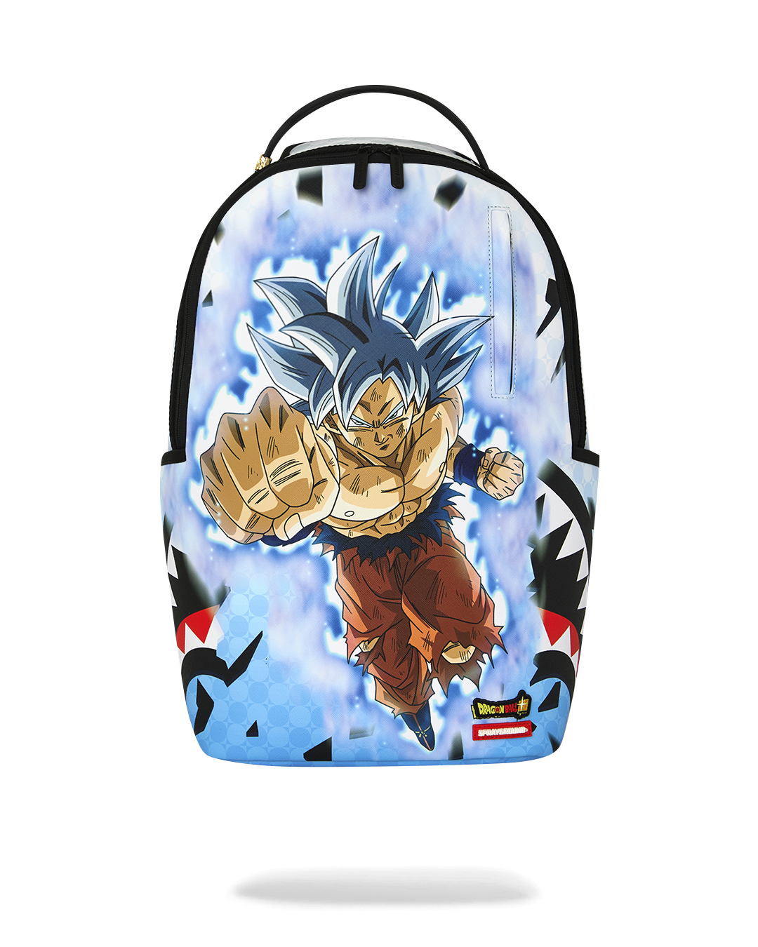 Blue and black character graphic backpack with top handle and zip front