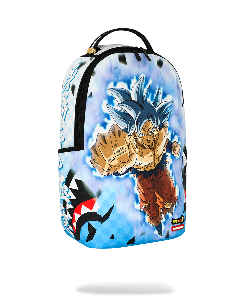 Front view blue backpack with Goku character print and black shoulder straps