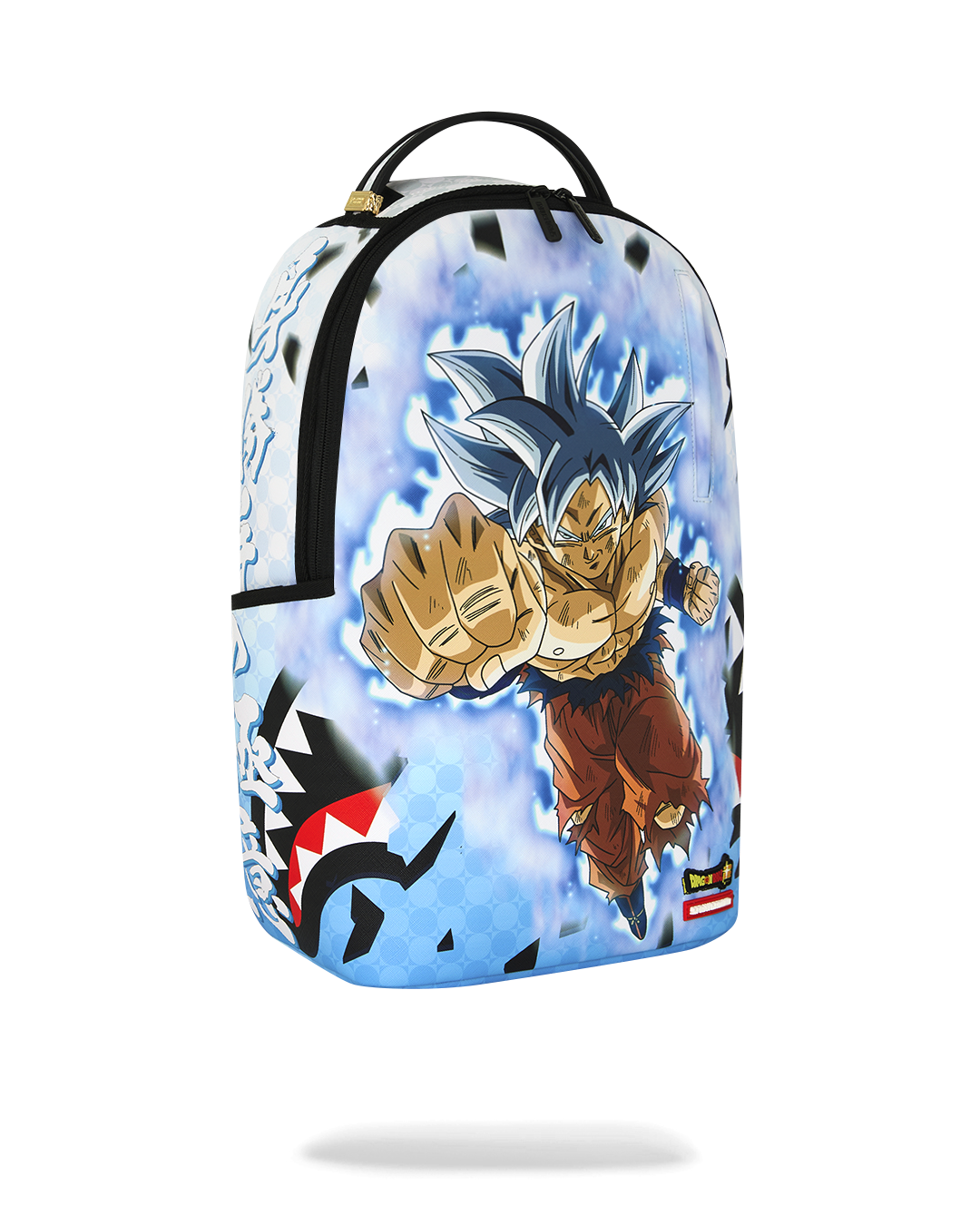 Front view blue backpack with Goku character print and black shoulder straps