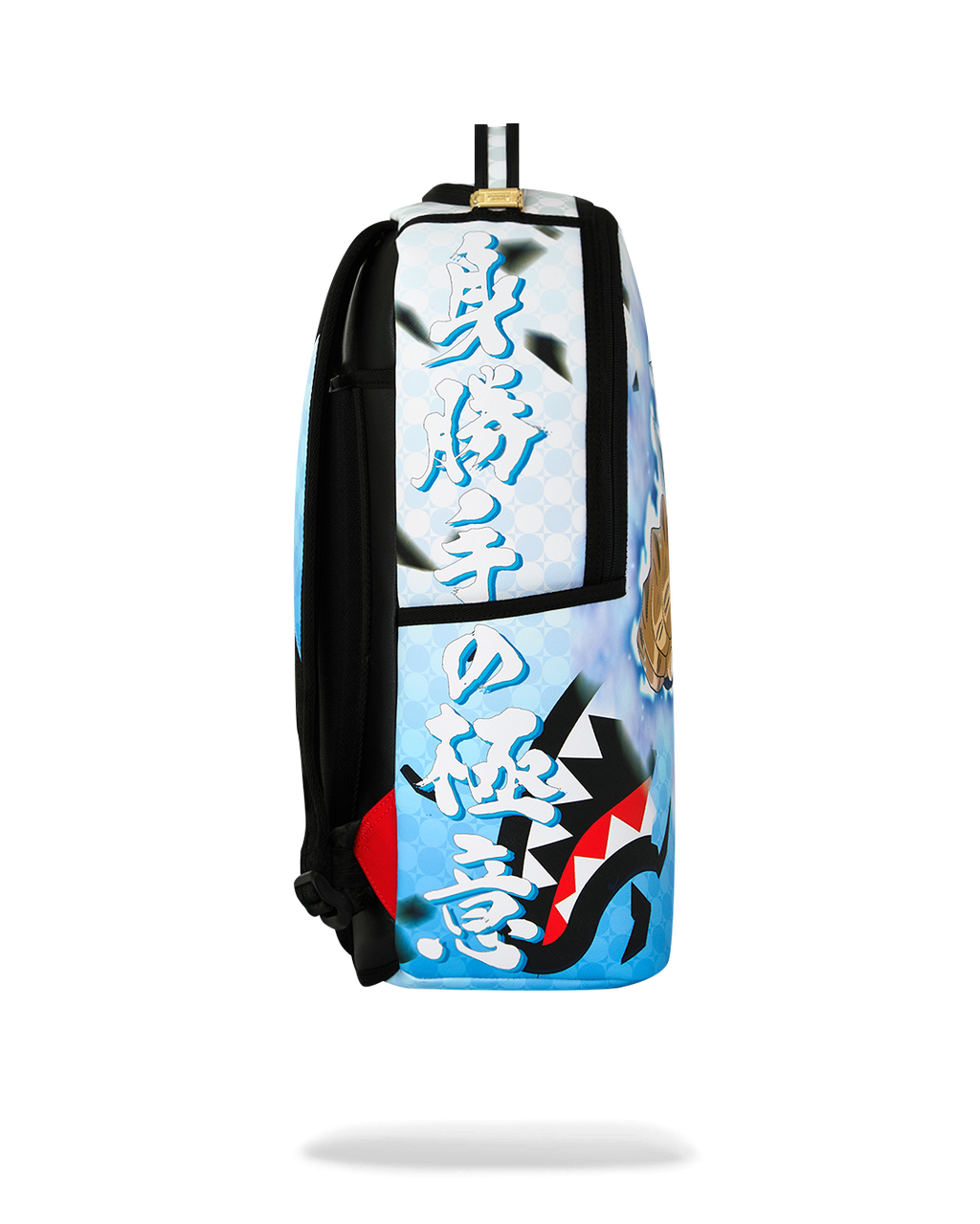 Blue-and-black backpack with vertical character graphic panel