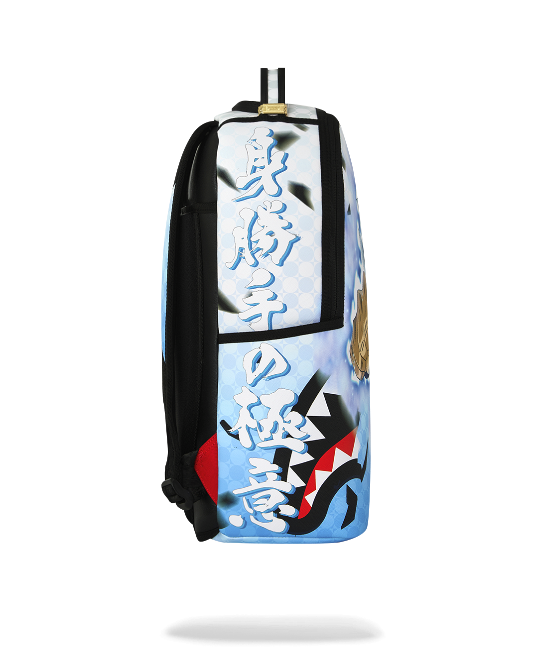 Blue-and-black backpack with vertical character graphic panel