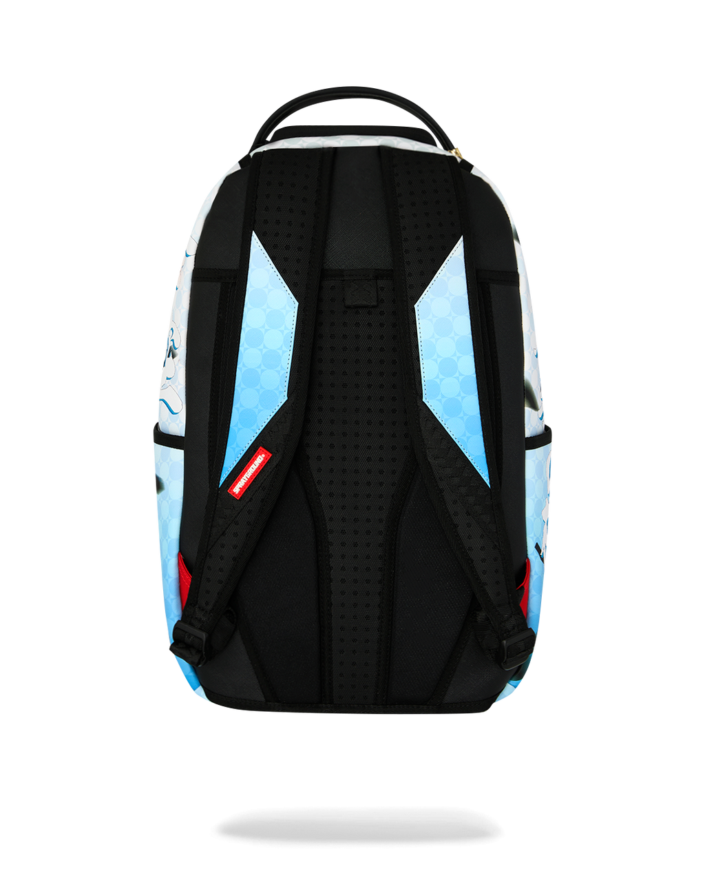 Black back panel and adjustable straps on blue character backpack
