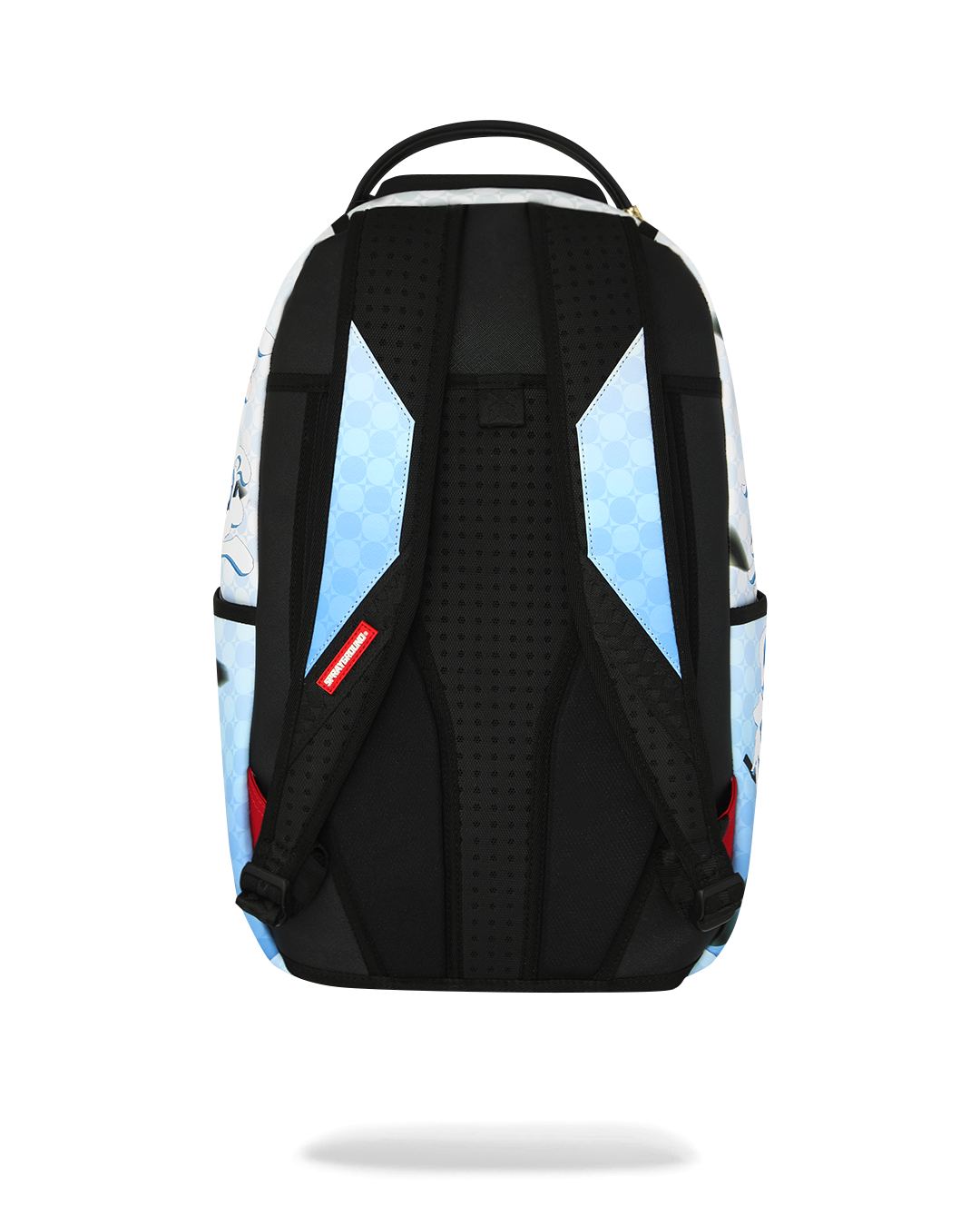 Black back panel and adjustable straps on blue character backpack