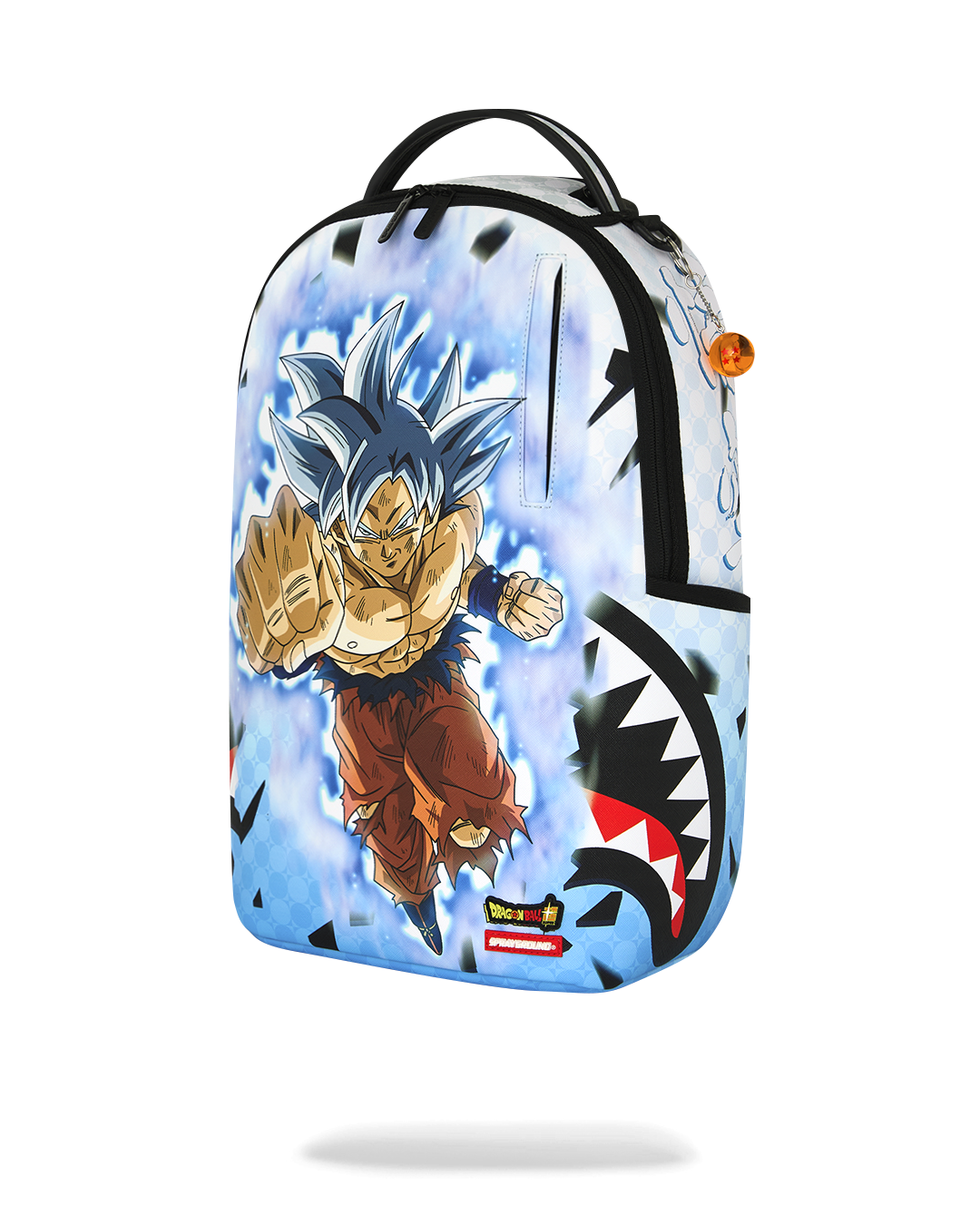 Blue backpack with full Goku action character print and lightning design