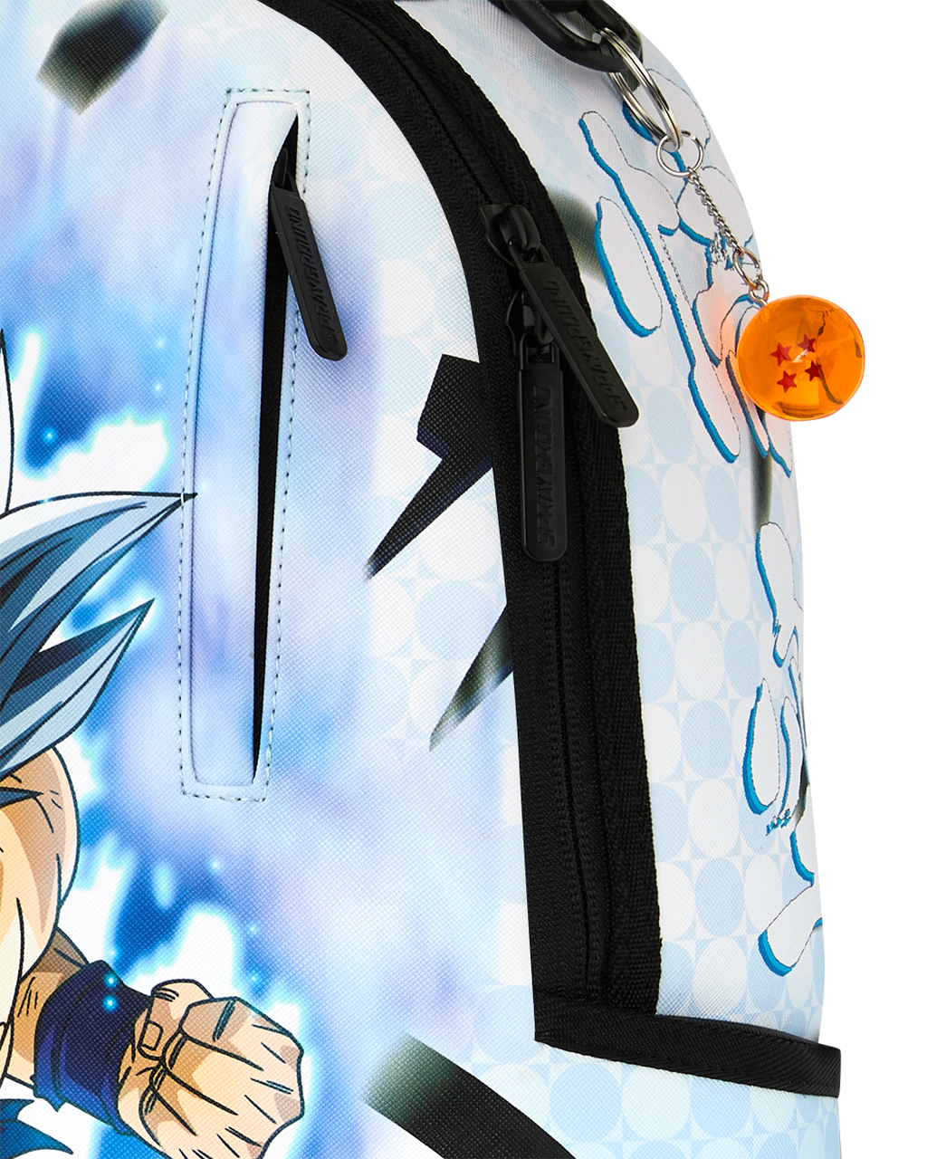 Close-up of black zipper and webbing on blue character backpack