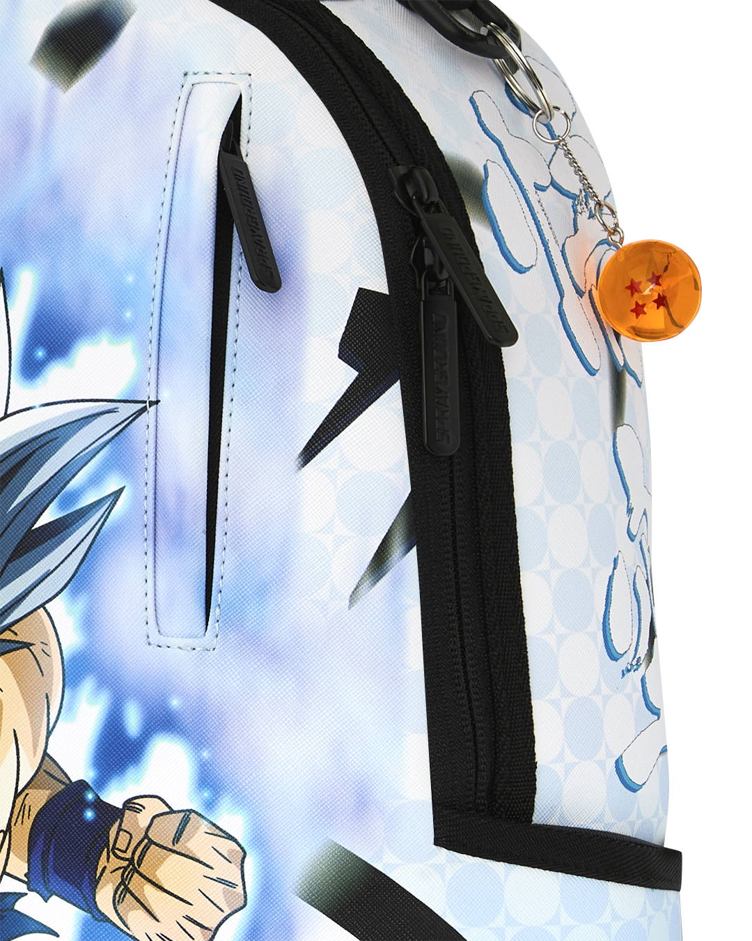 Close-up of black zipper and webbing on blue character backpack