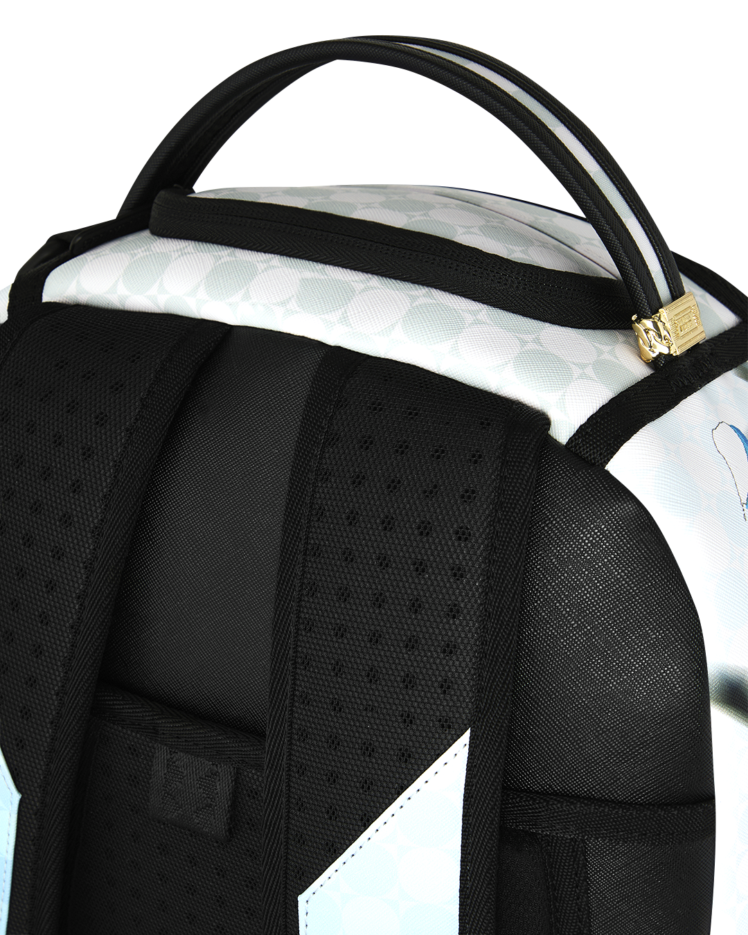 Back of backpack with black padded mesh panels and carry handle