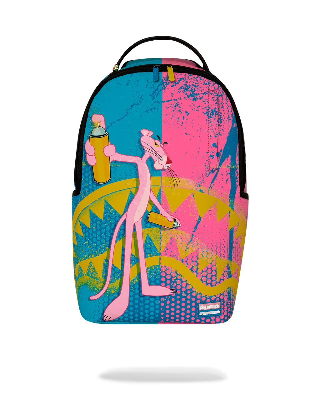 Colorful art-print backpack bag with double top handles and black zipper trim