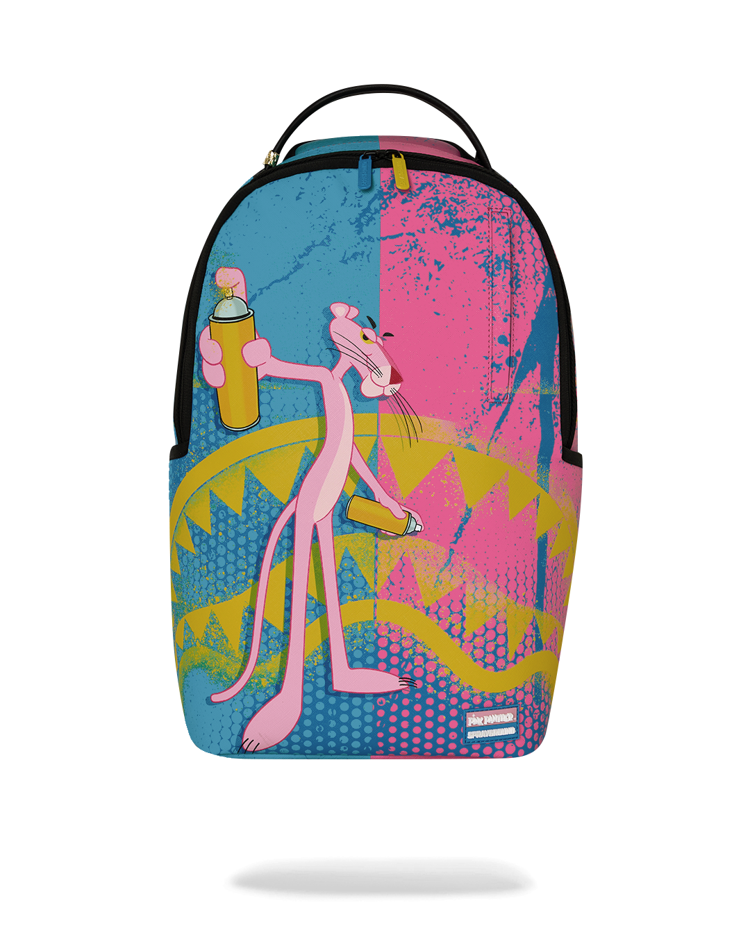 Colorful art-print backpack bag with double top handles and black zipper trim