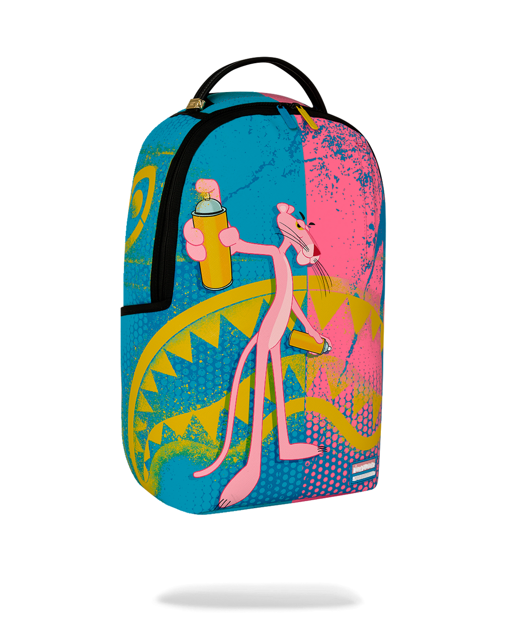 Art-print backpack with side view, black front panel, and colorful graphic artwork
