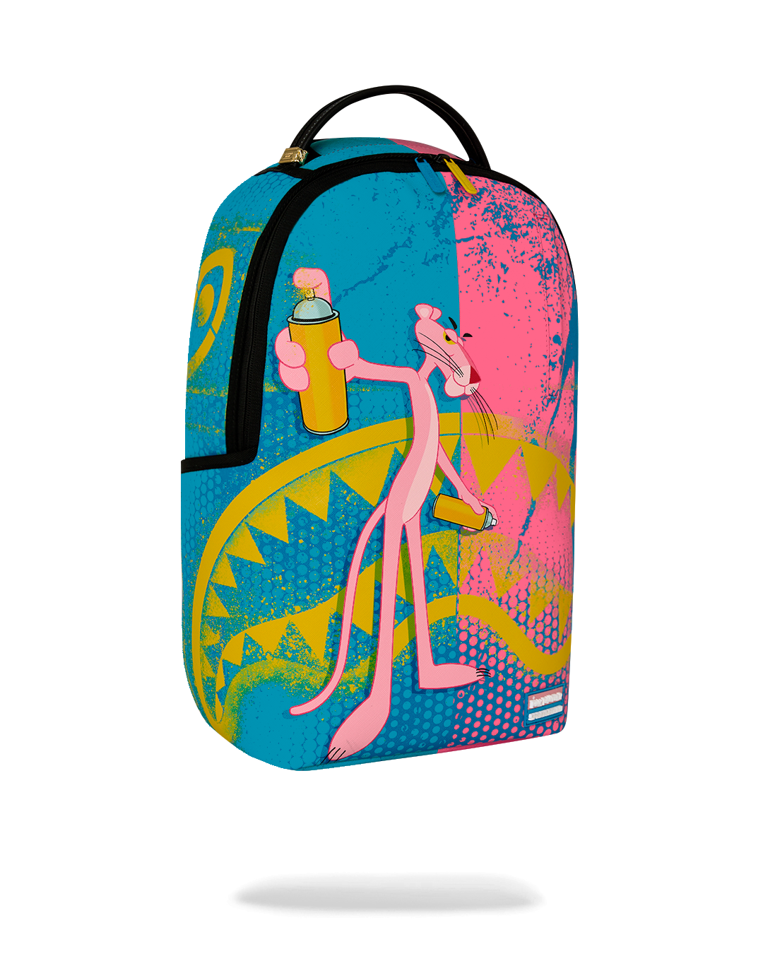 Art-print backpack with side view, black front panel, and colorful graphic artwork