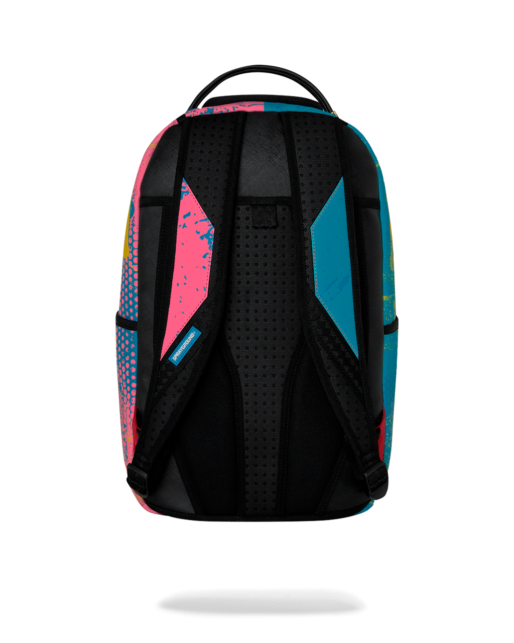 Back view of art-print backpack with padded black shoulder straps and vented panel