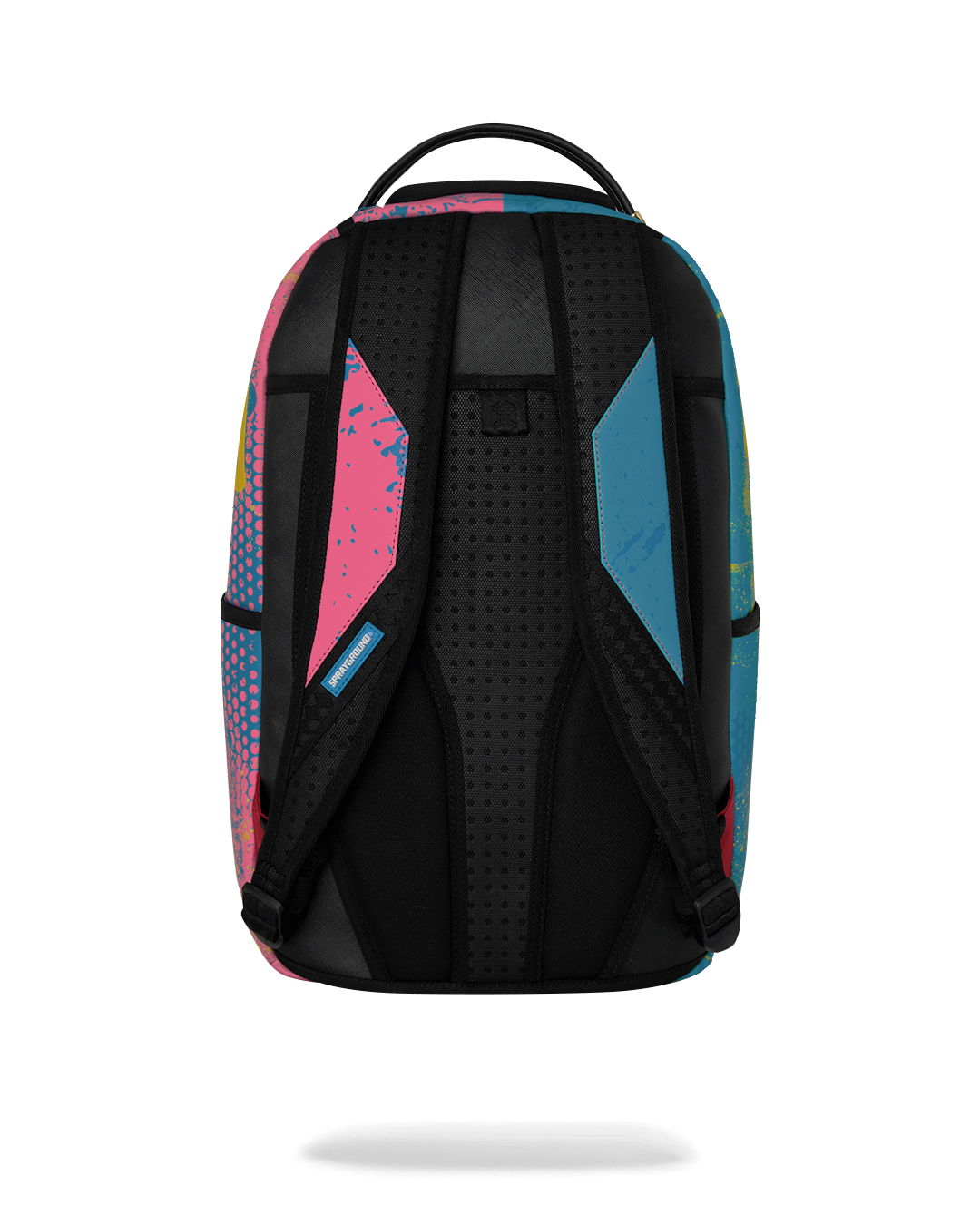 Back view of art-print backpack with padded black shoulder straps and vented panel
