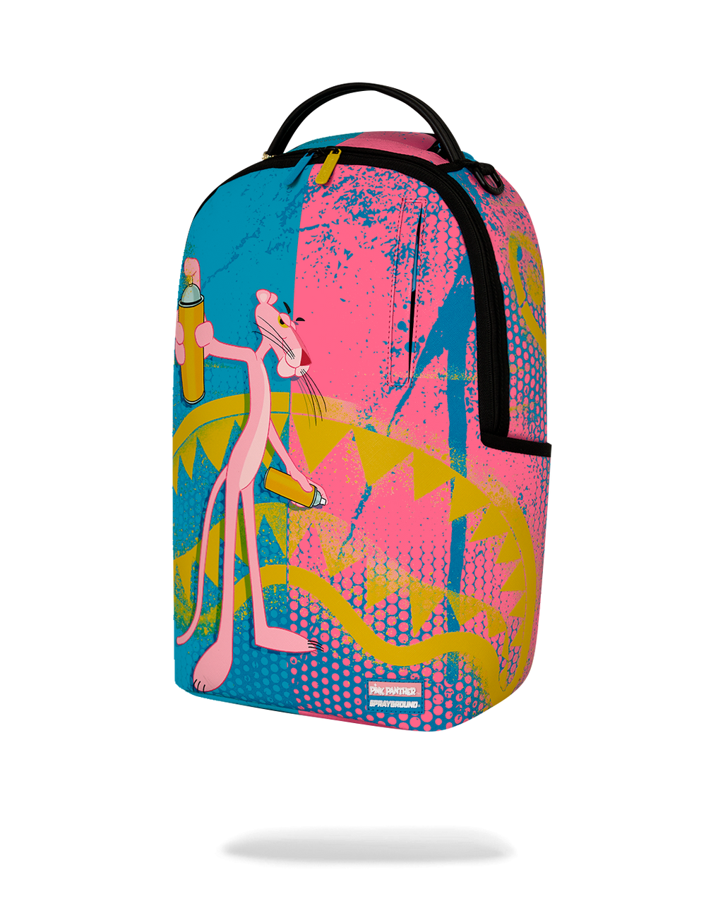 Front view art-print backpack with black zipper, top handle, and colorful character graphic