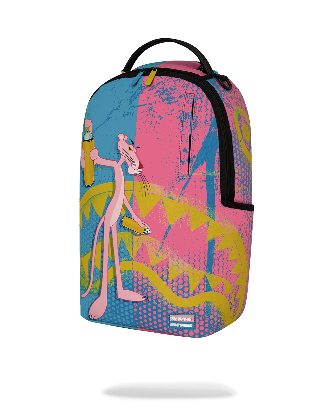 Front view art-print backpack with black zipper, top handle, and colorful character graphic