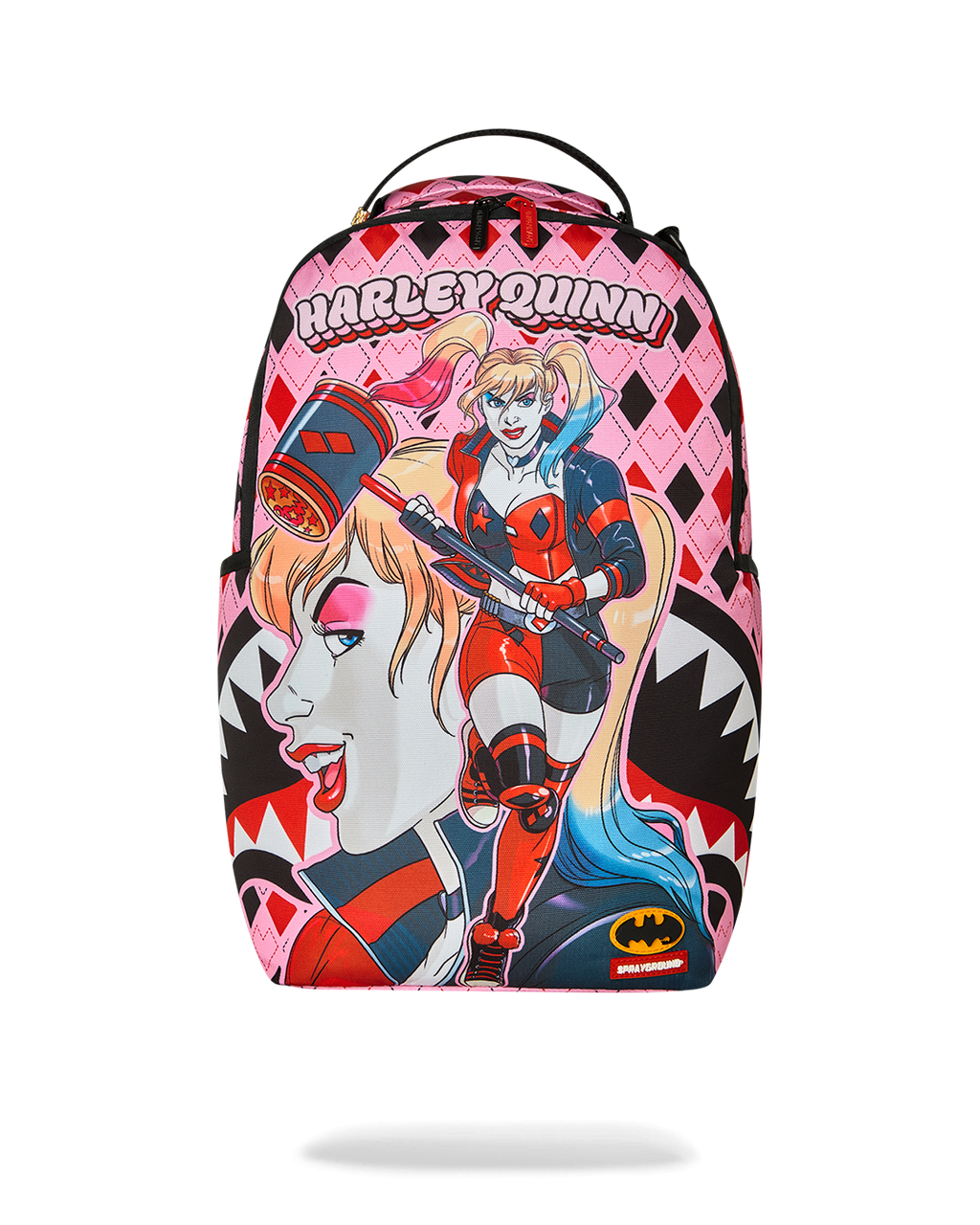 Harley Quinn-themed pink and black backpack with graphic print and top handle.