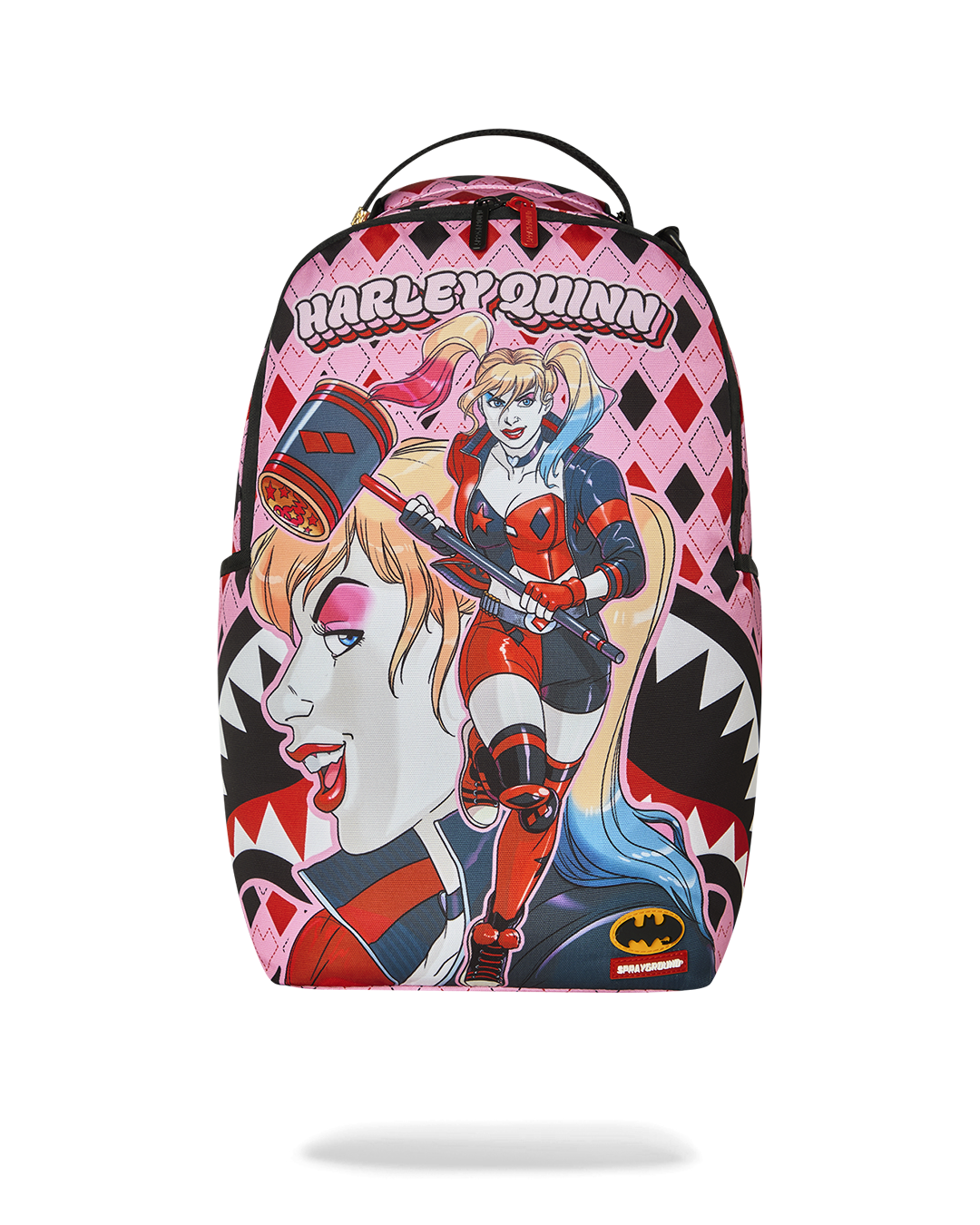 Harley Quinn-themed pink and black backpack with graphic print and top handle.