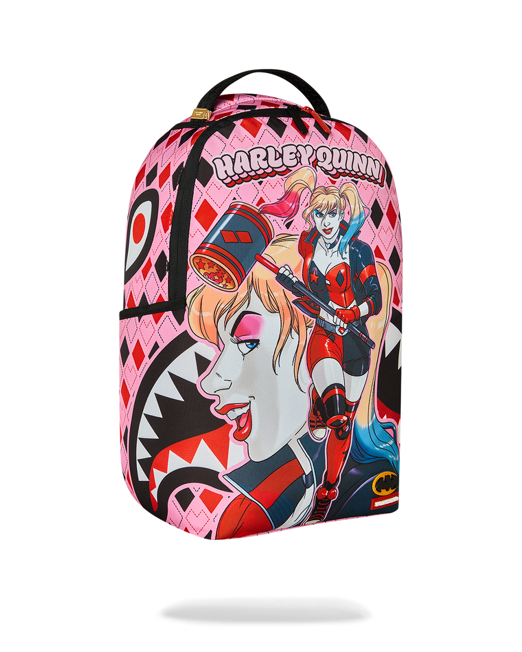 Harley Quinn graphic backpack with pink-and-black comic character art and side strap.