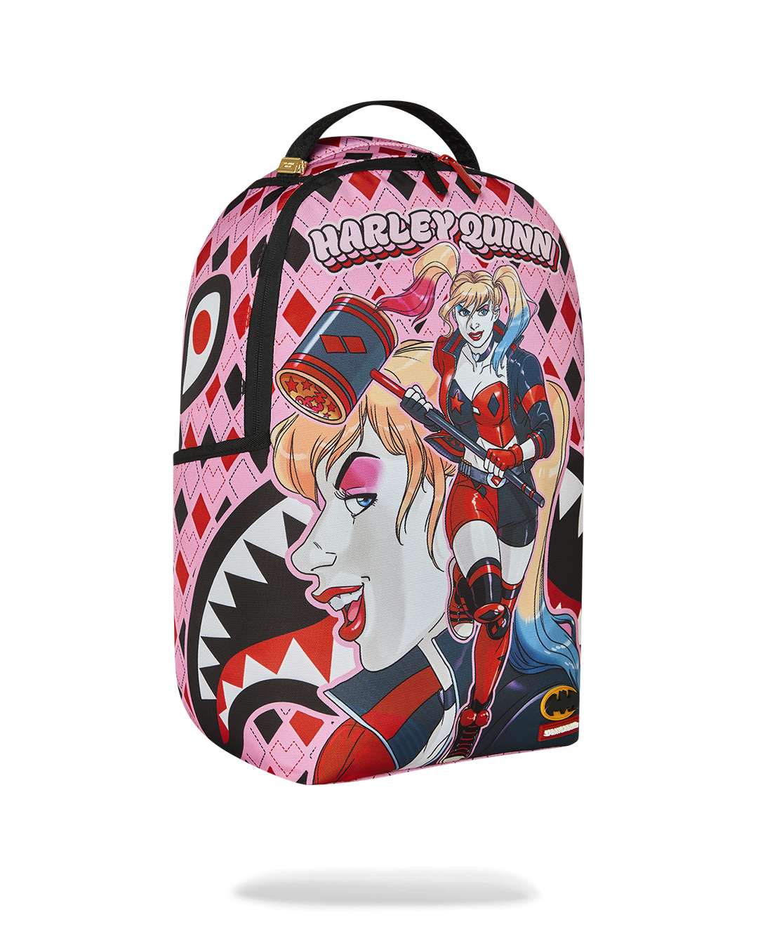 Harley Quinn graphic backpack with pink-and-black comic character art and side strap.