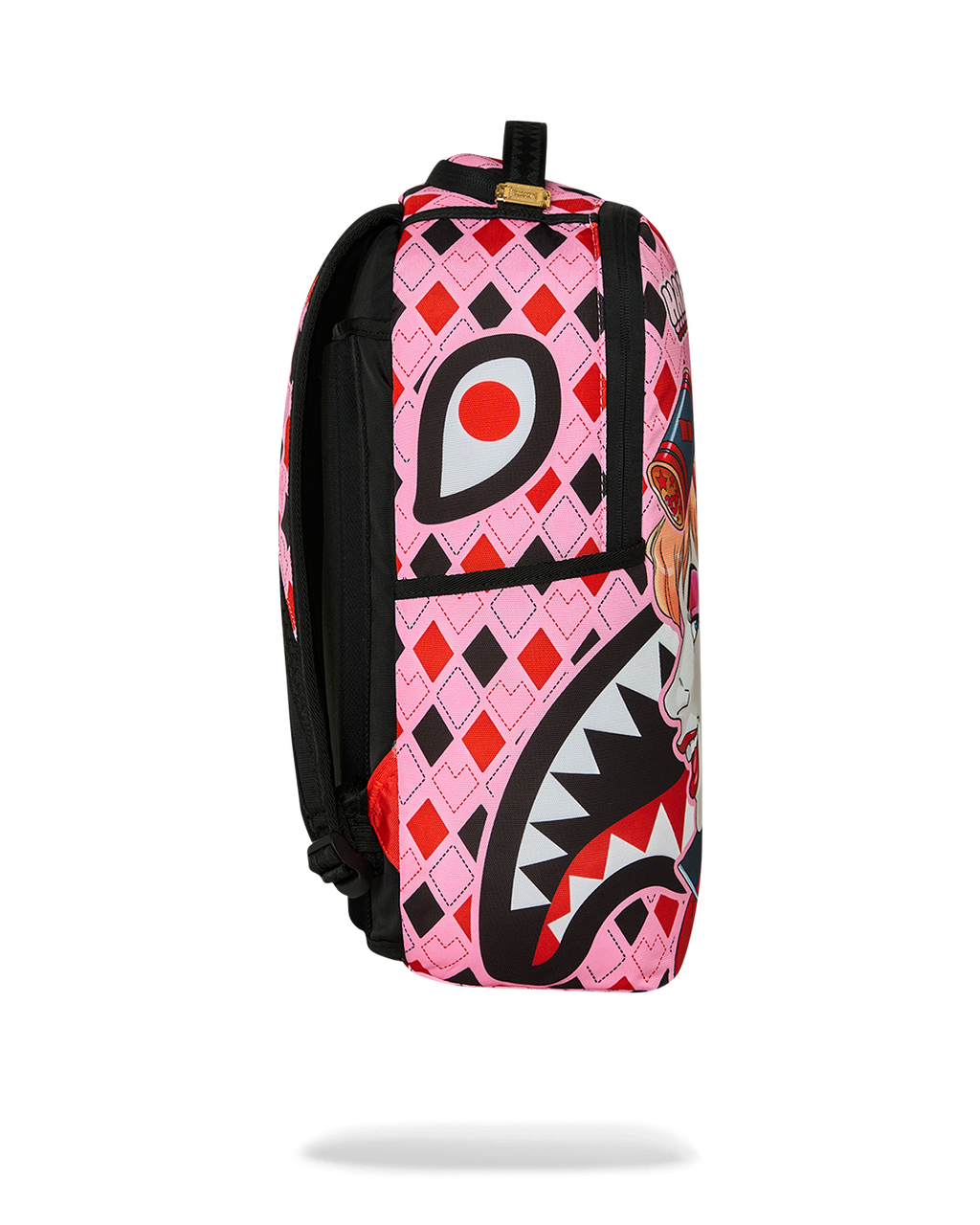 Harley Quinn backpack in pink and black with large letter-style “D” graphic on side.