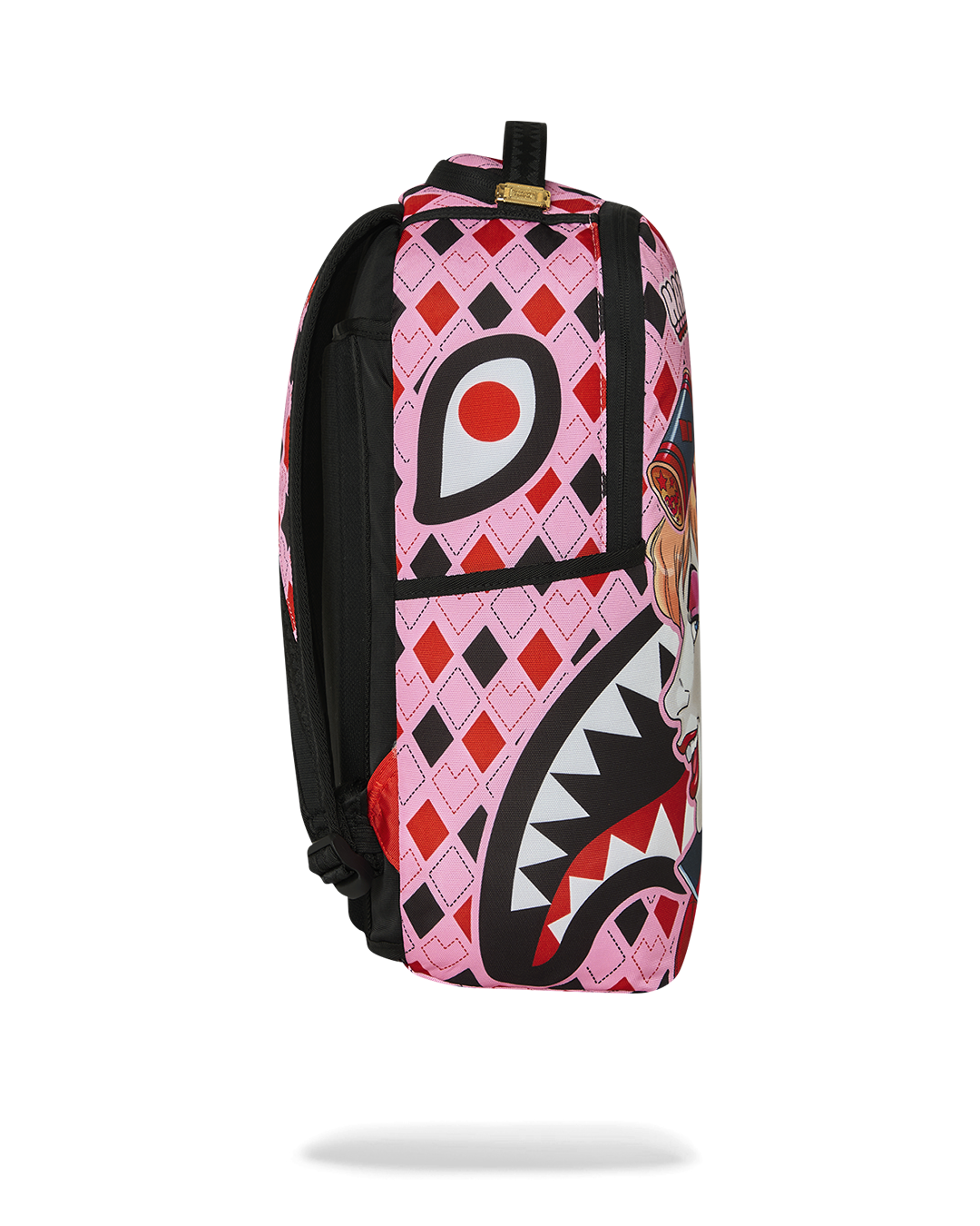 Harley Quinn backpack in pink and black with large letter-style “D” graphic on side.
