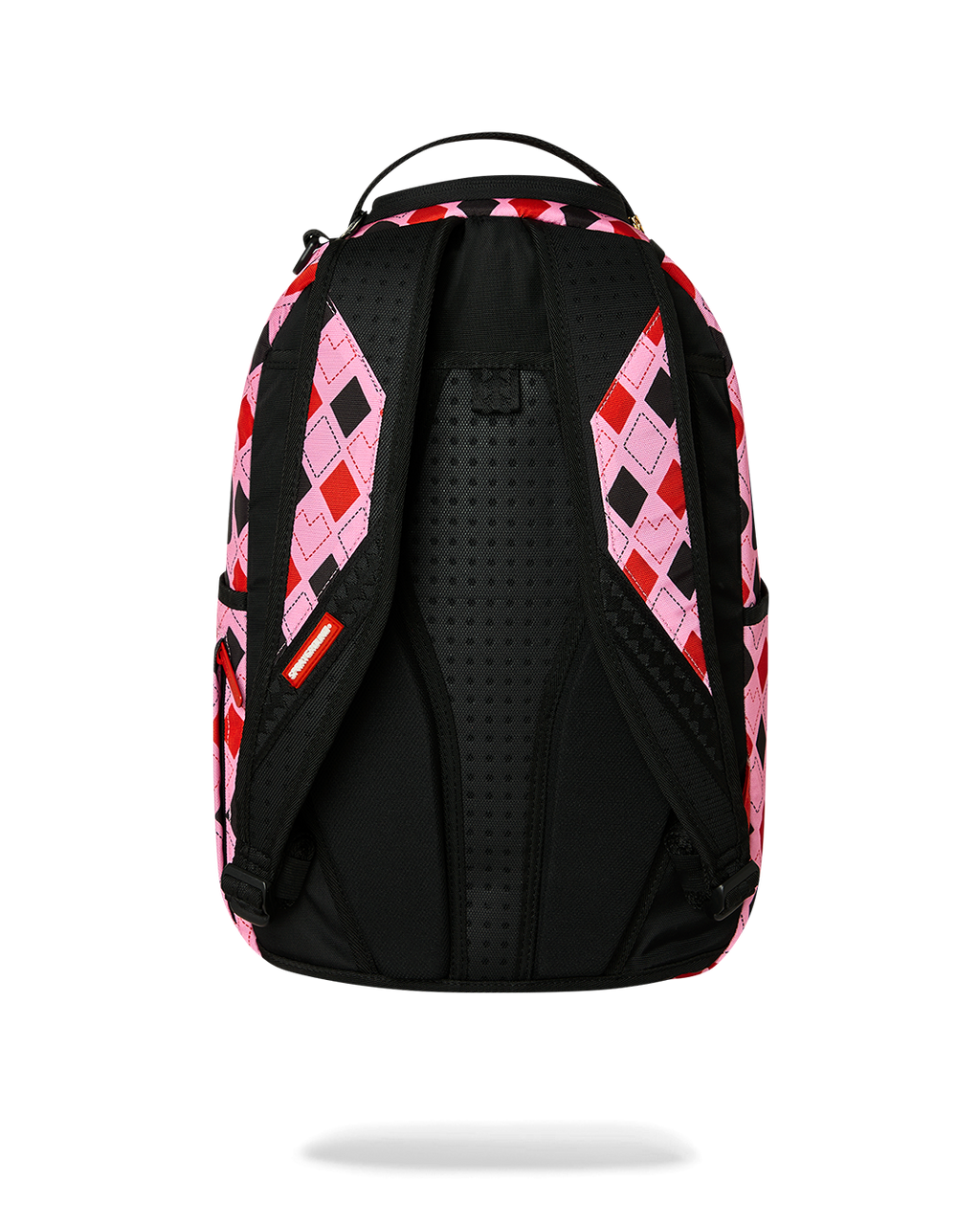 Harley Quinn backpack back panel with black padded straps and mesh ventilation.