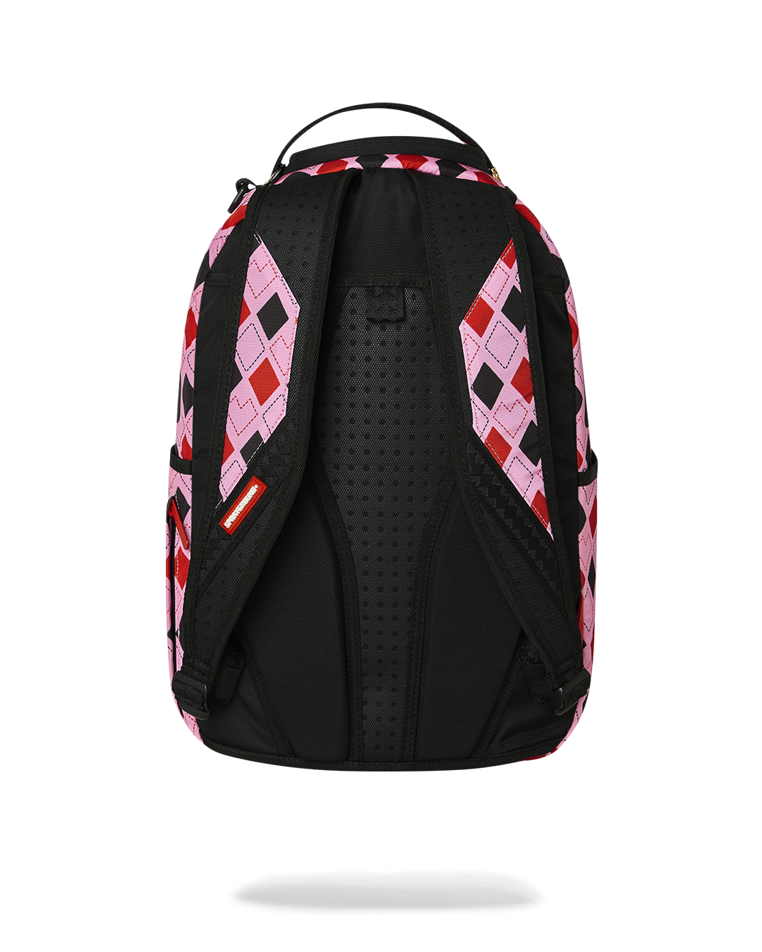 Harley Quinn backpack back panel with black padded straps and mesh ventilation.