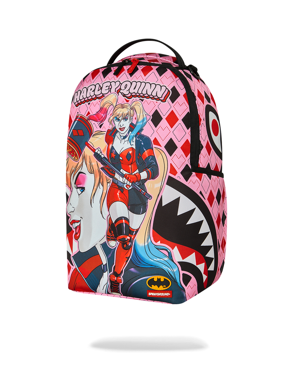 Harley Quinn pink and black backpack with character art and yellow logo patch.