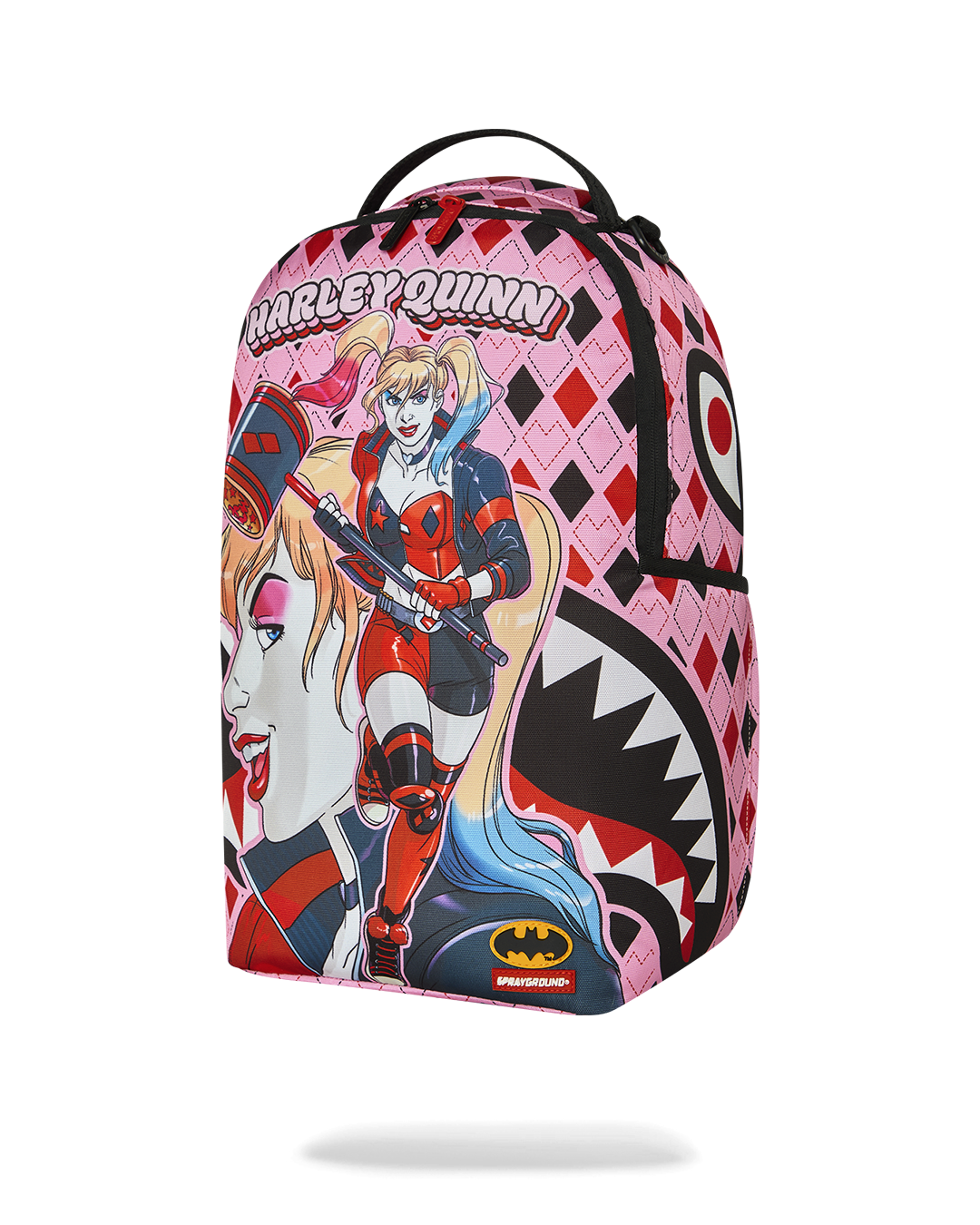 Harley Quinn pink and black backpack with character art and yellow logo patch.