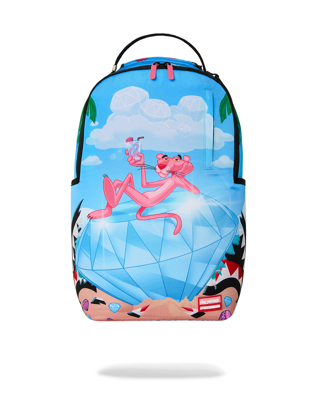 Blue and pink patterned backpack with top handle and front zipper pocket panels