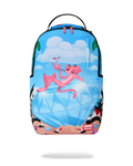 Blue and pink patterned backpack with top handle and front zipper pocket panels