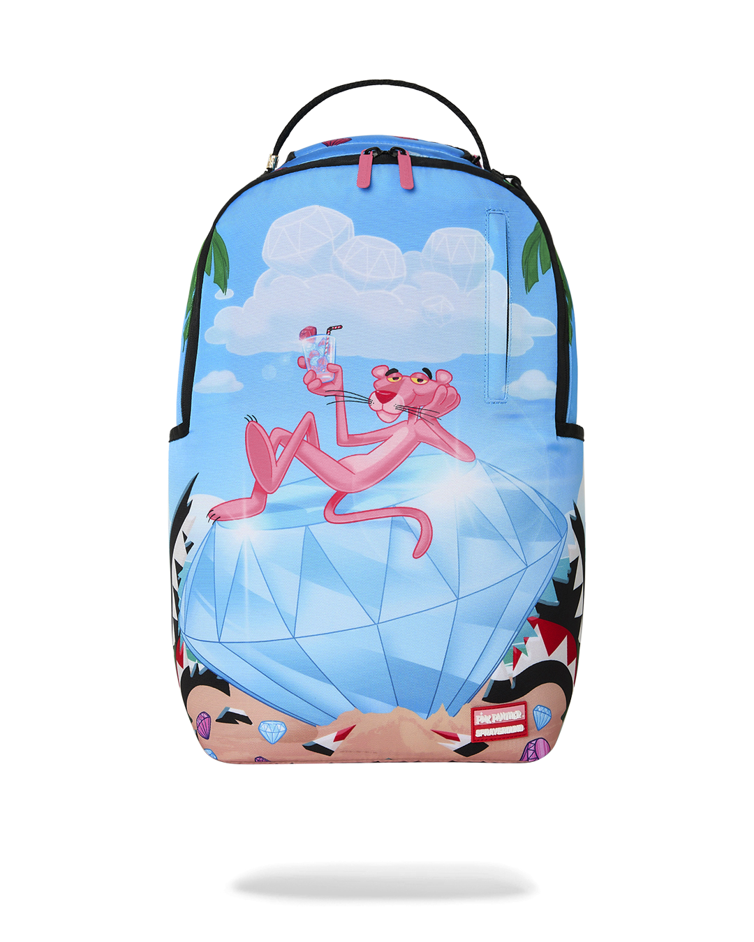 Blue and pink patterned backpack with top handle and front zipper pocket panels
