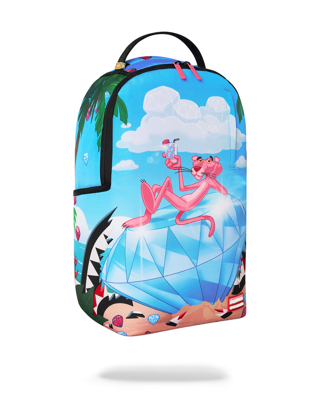 Blue backpack with colorful Pink Panther graphic, side panels, and front zipper pocket