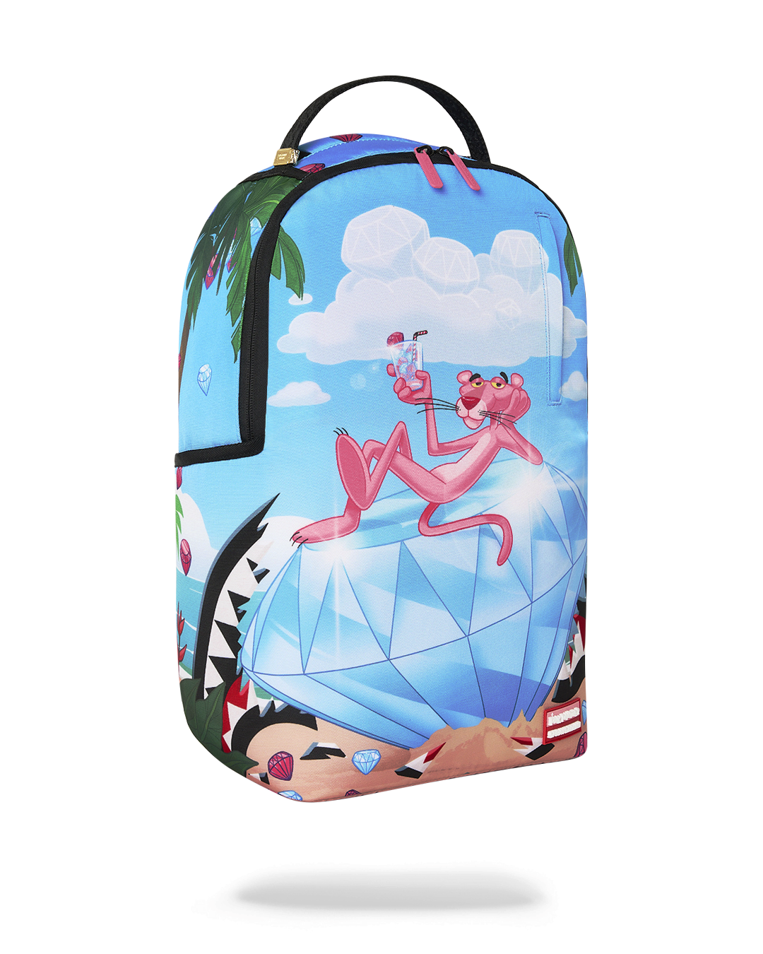 Blue backpack with colorful Pink Panther graphic, side panels, and front zipper pocket