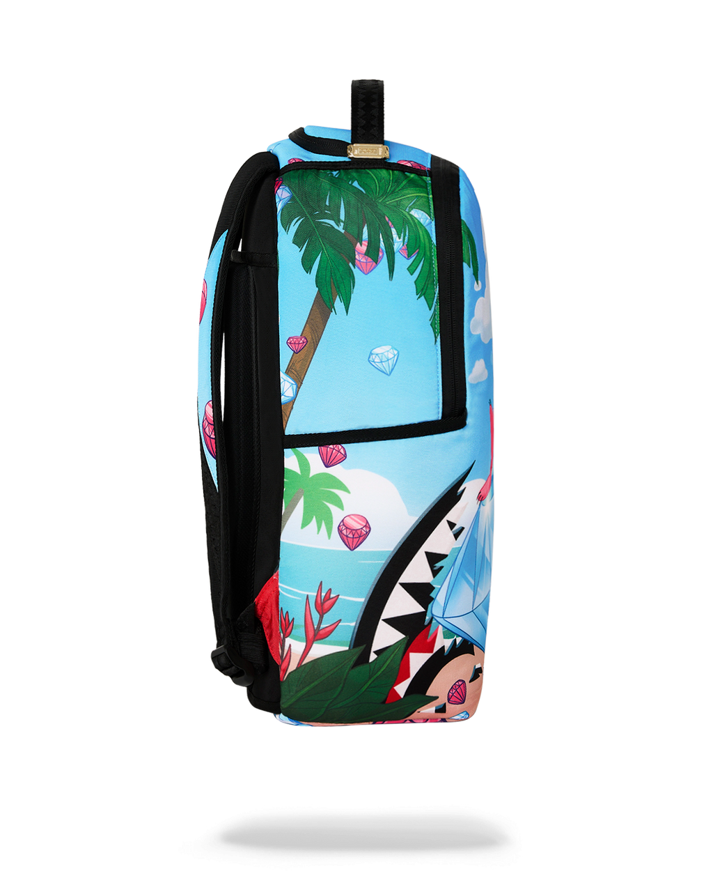 Blue backpack with jungle and diamond pattern, black side trim, and top handle