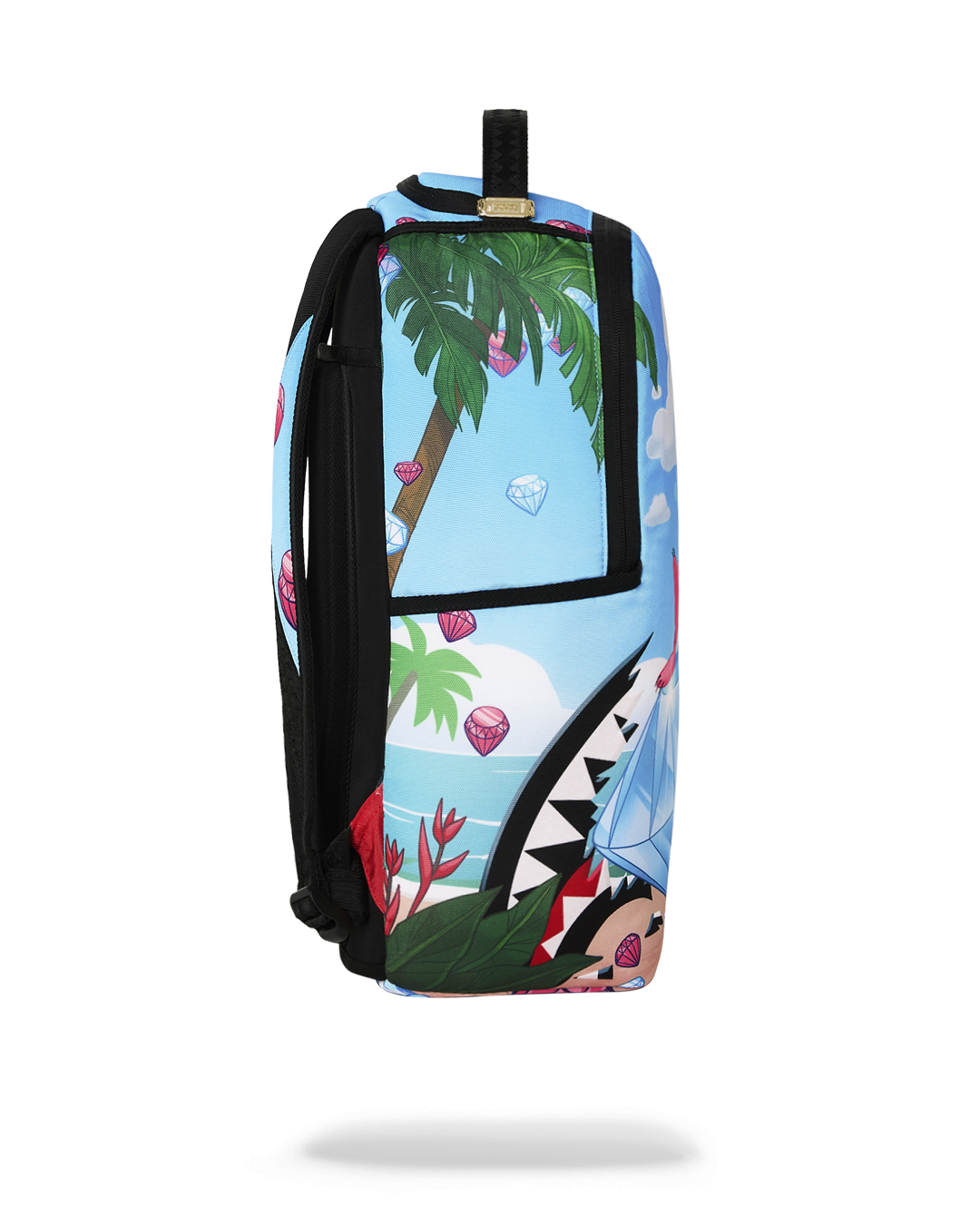 Blue backpack with jungle and diamond pattern, black side trim, and top handle