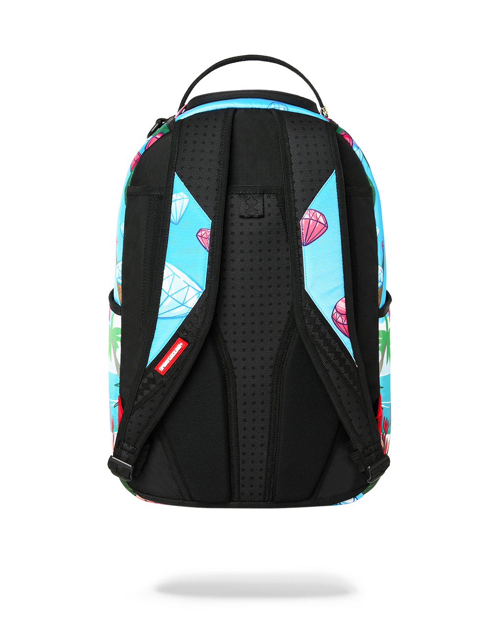 Blue backpack front view with black mesh back panel and padded shoulder straps