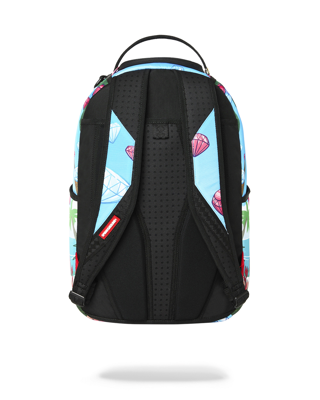 Blue backpack front view with black mesh back panel and padded shoulder straps