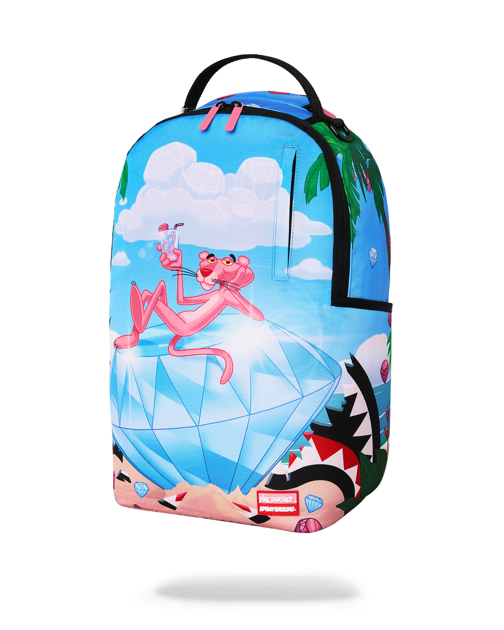Blue backpack angled view with Pink Panther graphic and multicolor side trim