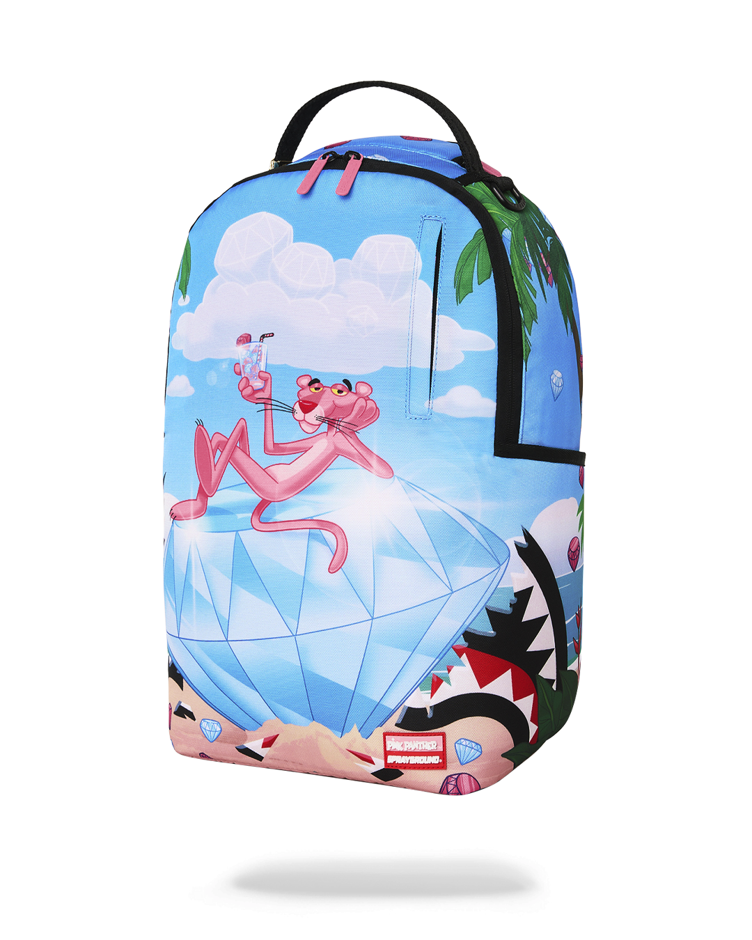 Blue backpack angled view with Pink Panther graphic and multicolor side trim