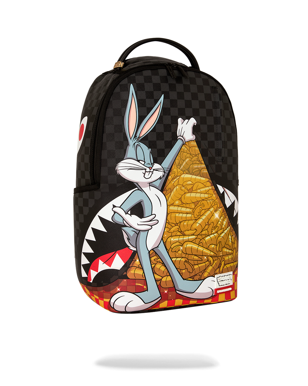 Black checkered mini backpack with Bugs Bunny graphic and carrot stack artwork