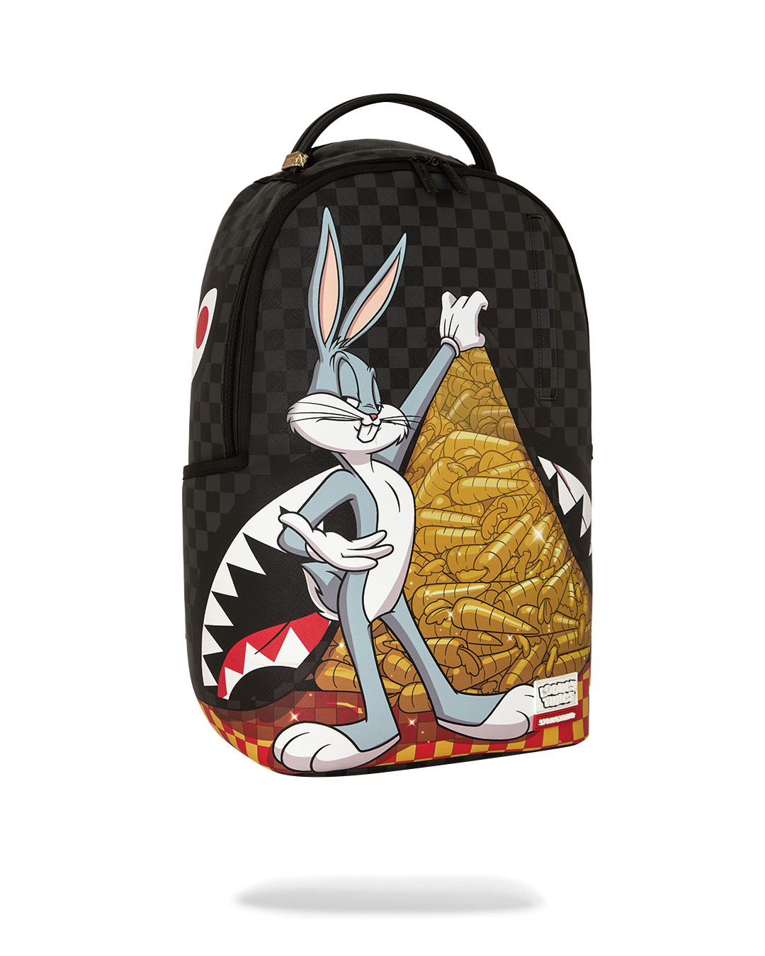 Black checkered mini backpack with Bugs Bunny graphic and carrot stack artwork
