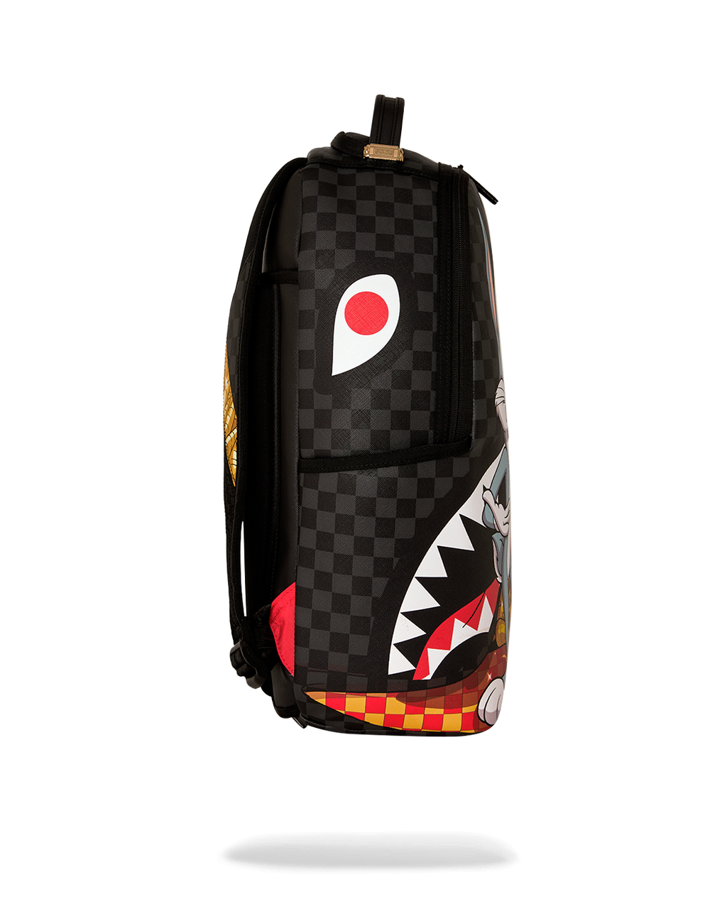 Black checkered mini backpack with circular red-white graphic and side character print