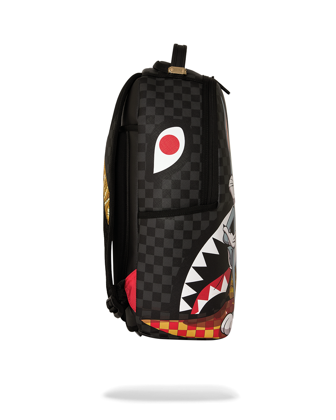 Black checkered mini backpack with circular red-white graphic and side character print