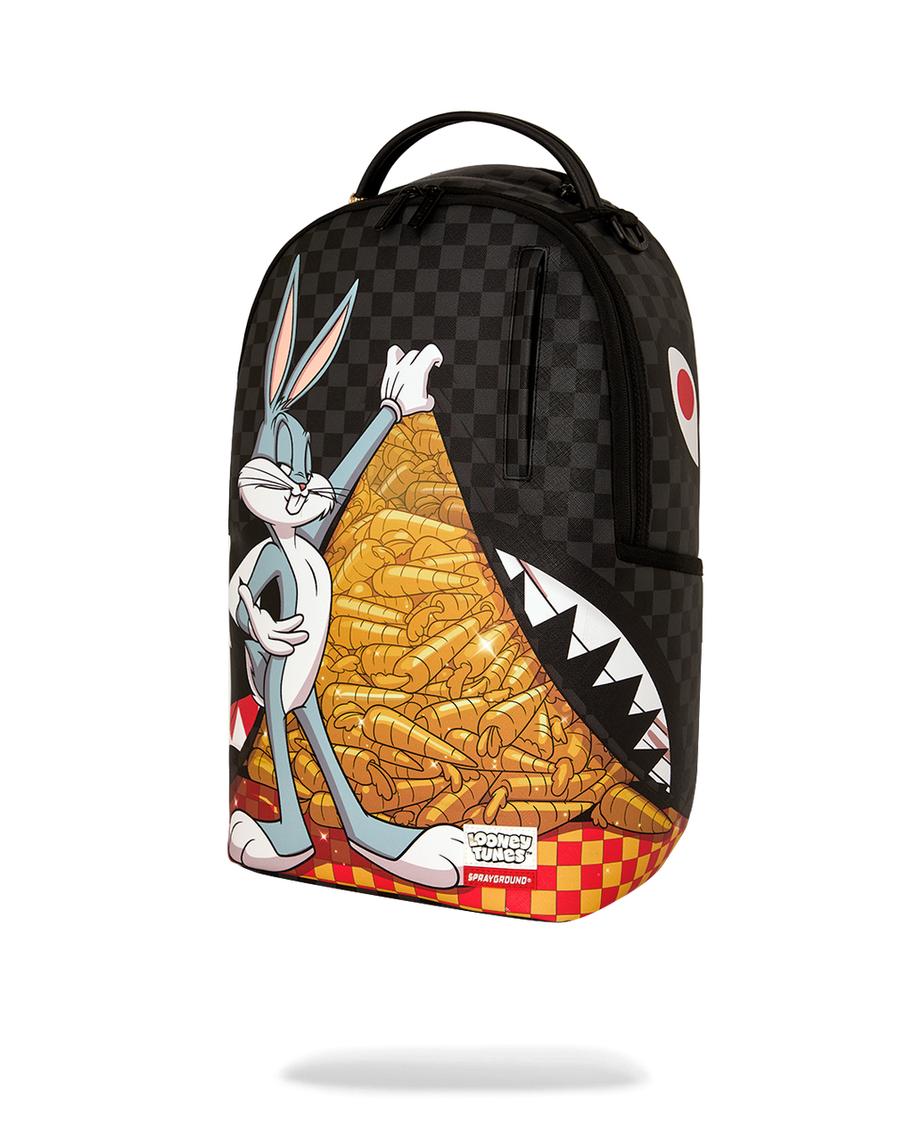 Black checkered mini backpack with Bugs Bunny and carrot stack print on front